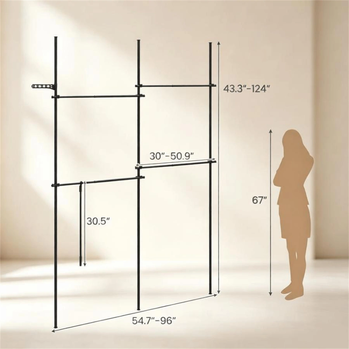 Floor to Ceiling Tension Clothes Rack No Drill Heavy Duty Carbon Steel Garment Organizer, I/L/45° Angle Adjustable Closet System with 3 Vertical Rods 4 Hanging Bars Drying Rack Reacher Pole for Rental Apartment view 2