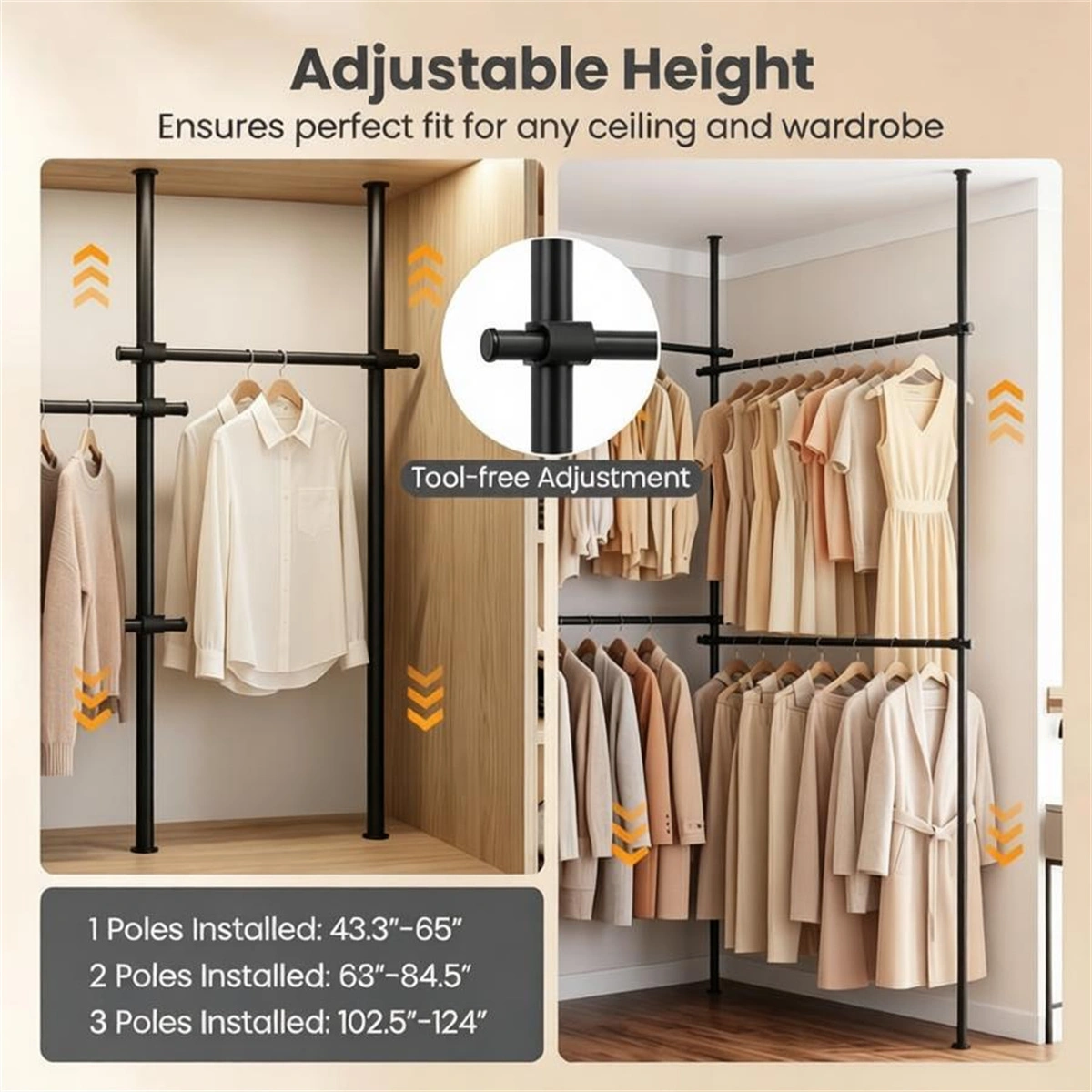 Floor to Ceiling Tension Clothes Rack No Drill Heavy Duty Carbon Steel Garment Organizer, I/L/45° Angle Adjustable Closet System with 3 Vertical Rods 4 Hanging Bars Drying Rack Reacher Pole for Rental Apartment view 6