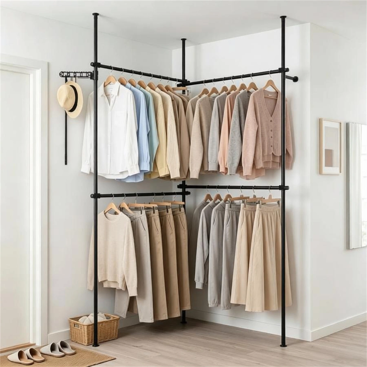 Floor to Ceiling Tension Clothes Rack No Drill Heavy Duty Carbon Steel Garment Organizer, I/L/45° Angle Adjustable Closet System with 3 Vertical Rods 4 Hanging Bars Drying Rack Reacher Pole for Rental Apartment view 7