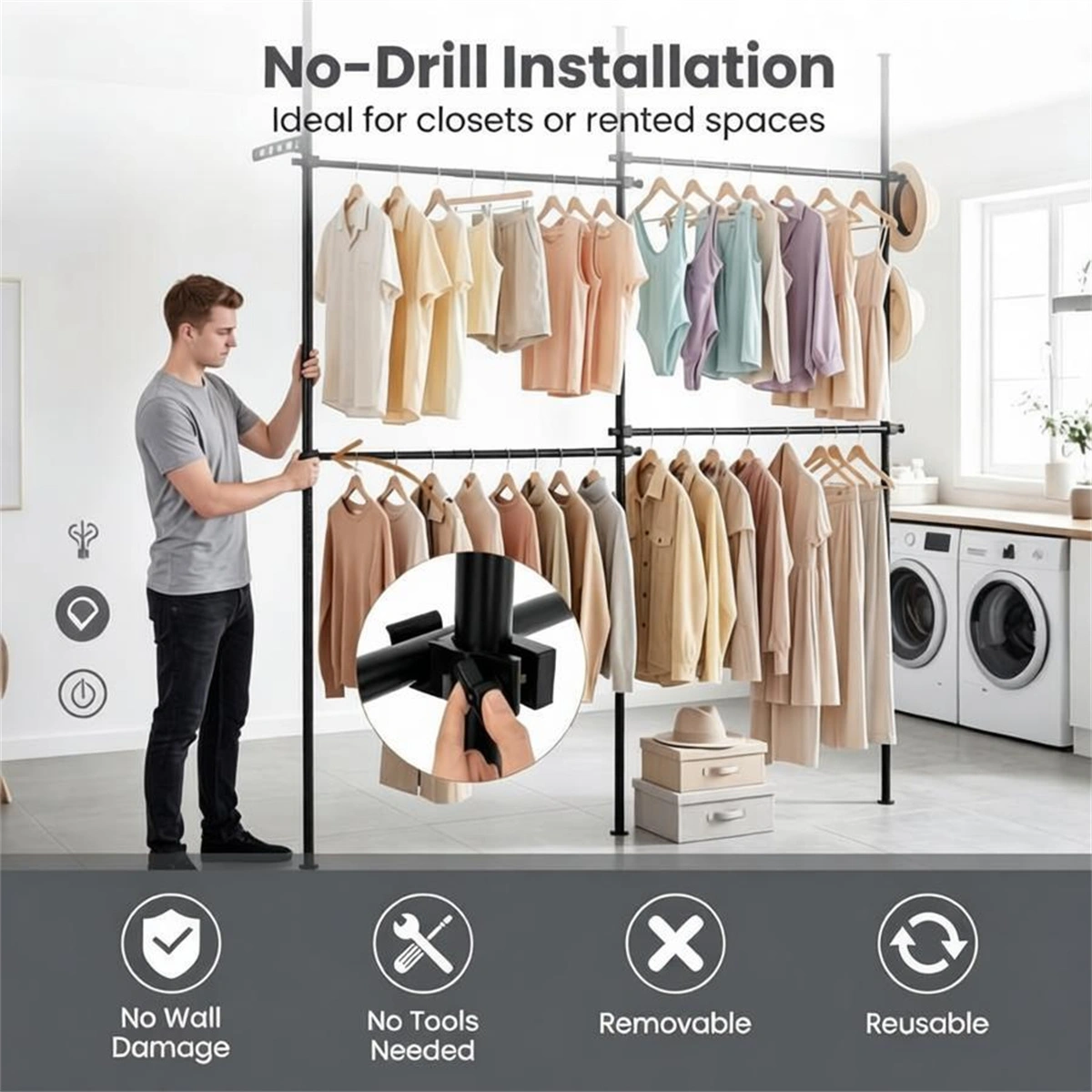 Floor to Ceiling Tension Clothes Rack No Drill Heavy Duty Carbon Steel Garment Organizer, I/L/45° Angle Adjustable Closet System with 3 Vertical Rods 4 Hanging Bars Drying Rack Reacher Pole for Rental Apartment view 8