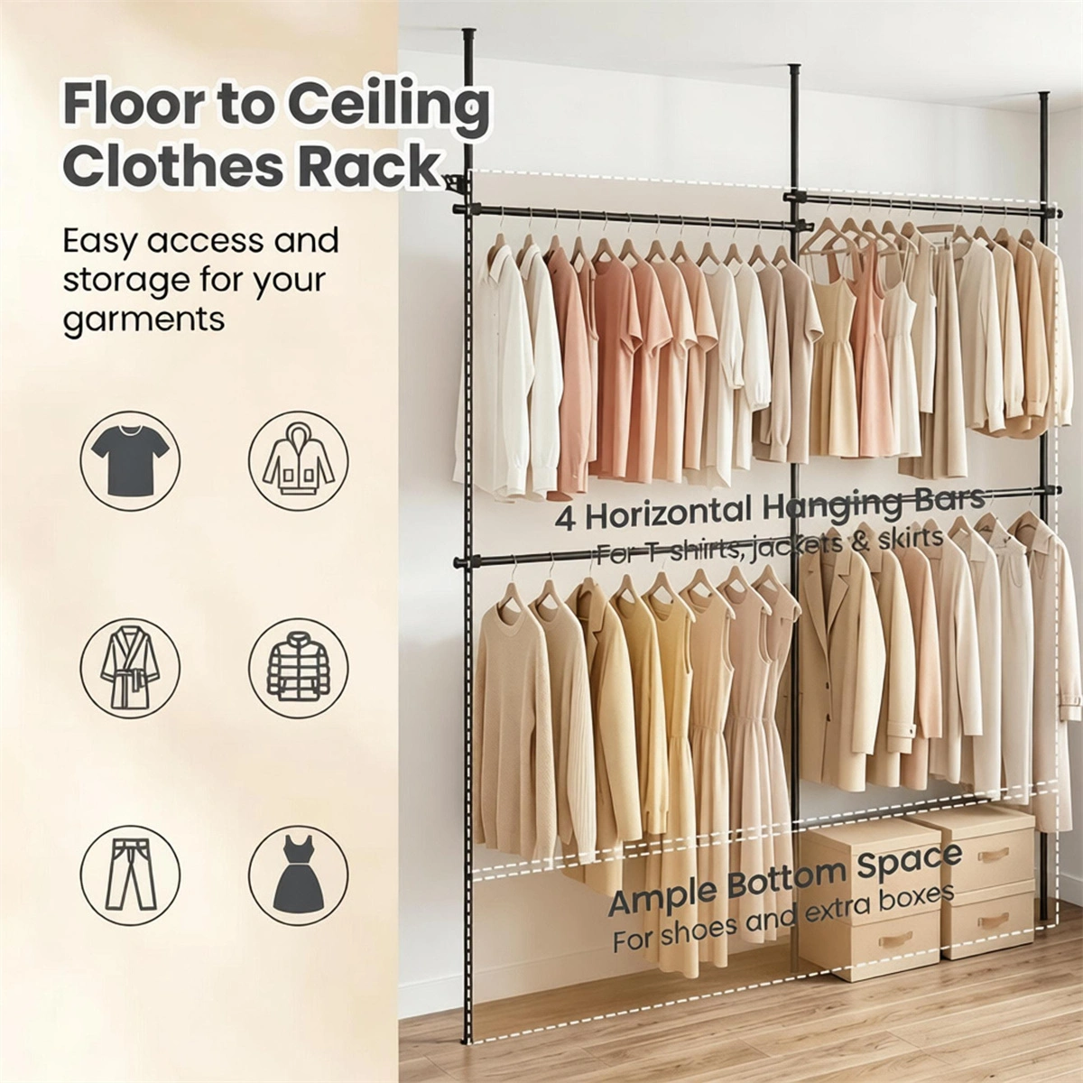 Floor to Ceiling Tension Clothes Rack No Drill Heavy Duty Carbon Steel Garment Organizer, I/L/45° Angle Adjustable Closet System with 3 Vertical Rods 4 Hanging Bars Drying Rack Reacher Pole for Rental Apartment view 9