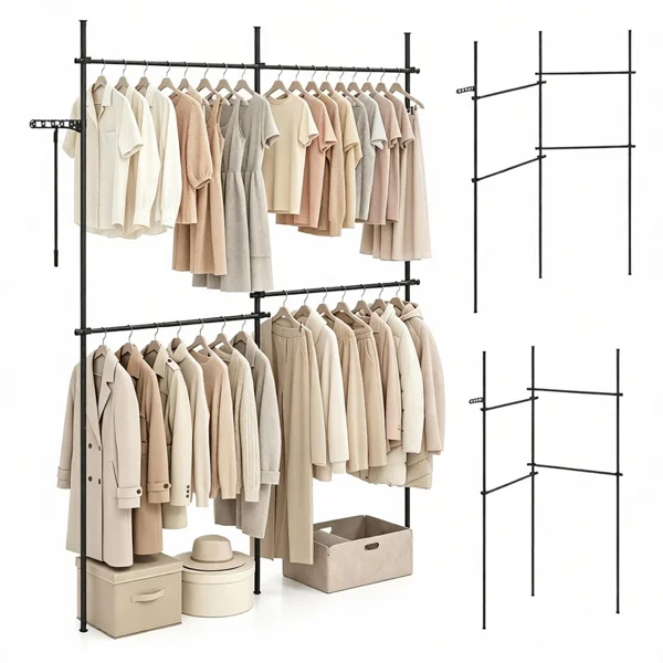 Floor to Ceiling Tension Clothes Rack No Drill Heavy Duty Carbon Steel Garment Organizer, I/L/45° Angle Adjustable Closet System with 3 Vertical Rods 4 Hanging Bars Drying Rack Reacher Pole for Rental Apartment