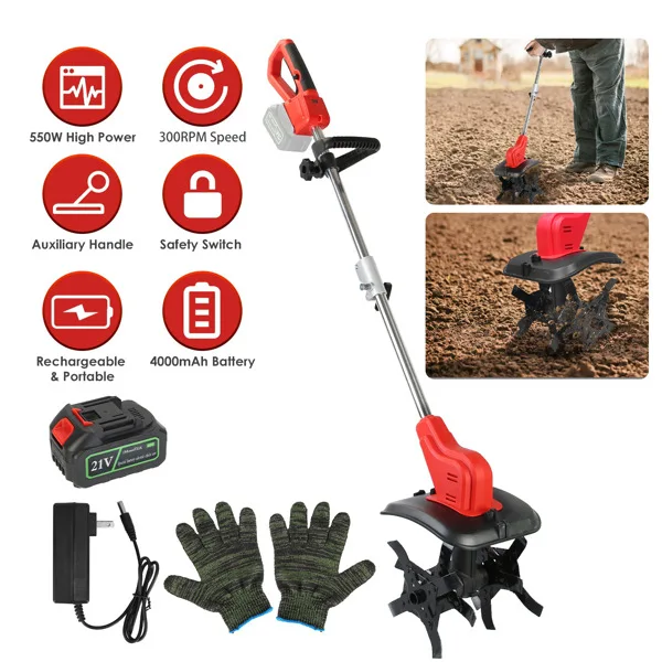 21V Electric Cordless Electric Soil Cultivator - 550W High Power 300RPM, 4-Blade 16 Steel Tines, 4000mAh Battery + Battery Display, Safety Protection + Auxiliary Handle, Perfect for Weeding/Lawn Care