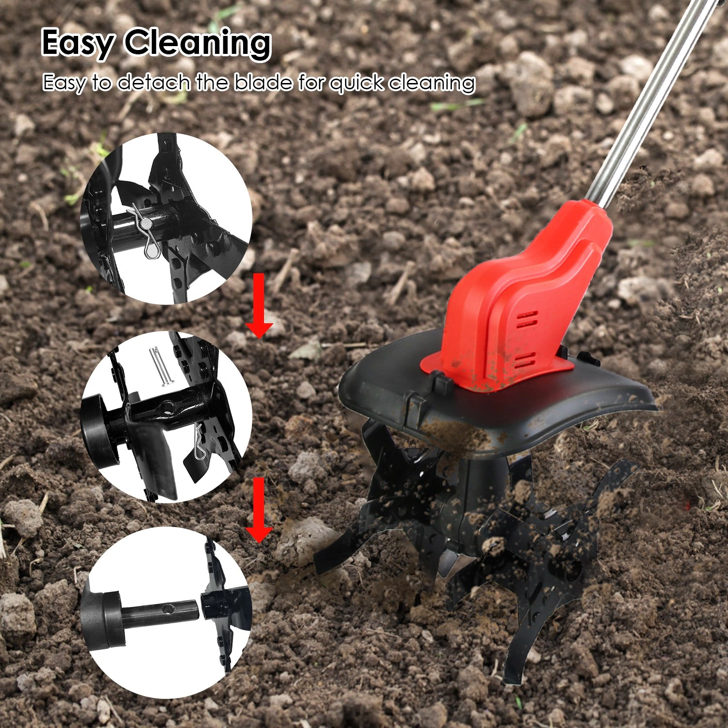 21V Electric Cordless Electric Soil Cultivator - 550W High Power 300RPM, 4-Blade 16 Steel Tines, 4000mAh Battery + Battery Display, Safety Protection + Auxiliary Handle, Perfect for Weeding/Lawn Care view 6