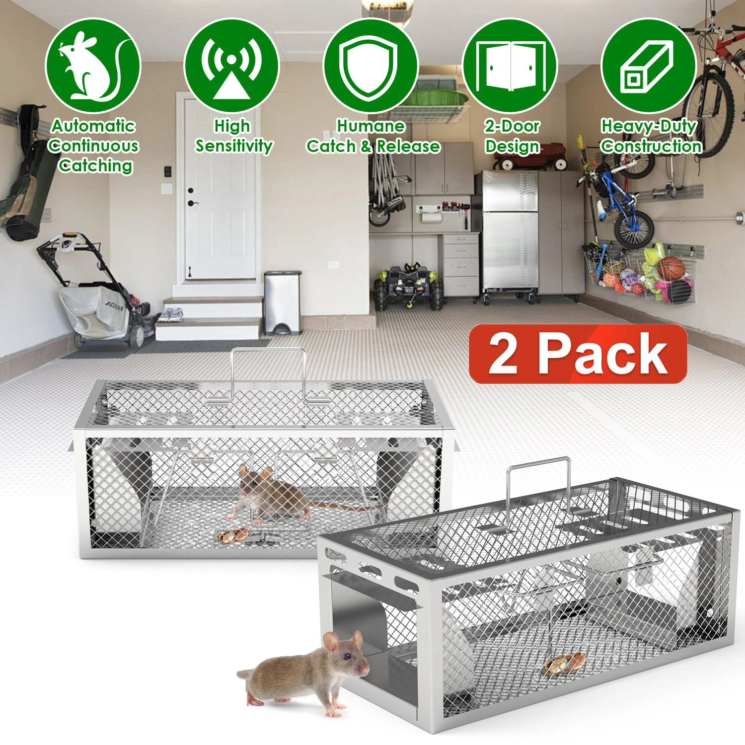 2 pcs Dual-Door Humane Rat Trap - Continuous Mouse Catching, Heavy-Duty Galvanized Iron Construction - Safe for Pets & Kids, Indoor/Outdoor Use, 3S Quick Setup