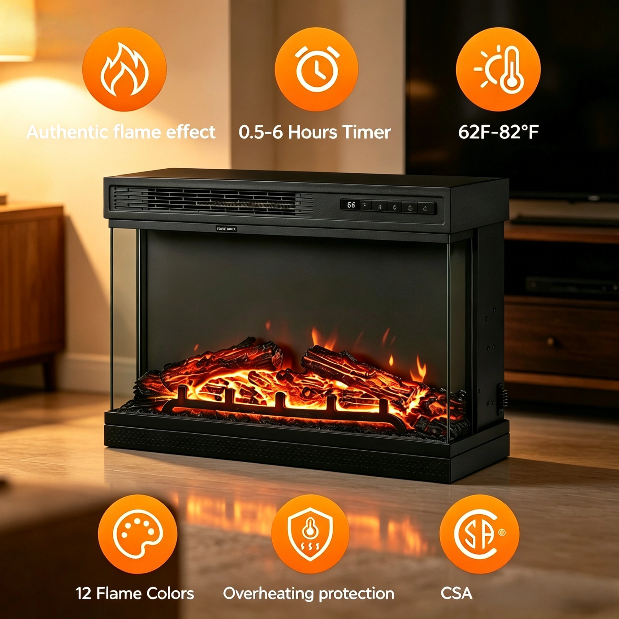 24 Inch Electric Fireplace Insert, Built-In 1500W Heater with 3-Side Glass, 12 LED Colors, Remote, Black Steel view 6