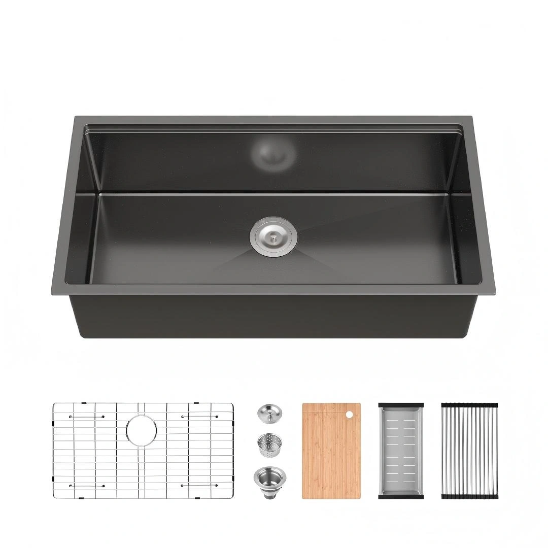 Kitchen Sink 36"x19" Multifunctional undermount Flying Rain Waterfall S304 Stainless Steel Handmade Modern Single Bowl Kitchen Sink, Black[Unable ship on weekends, TK/TEMU only for pickup, only TX10643 warehouse supports GOFO]