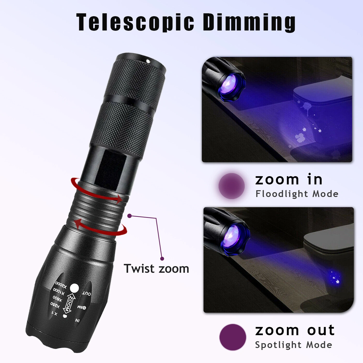 2-in-1 LED Flashlight, UV + White Zoomable Detection Lamp, Dual Mode Blacklight Flashlight for Leak Detection view 4
