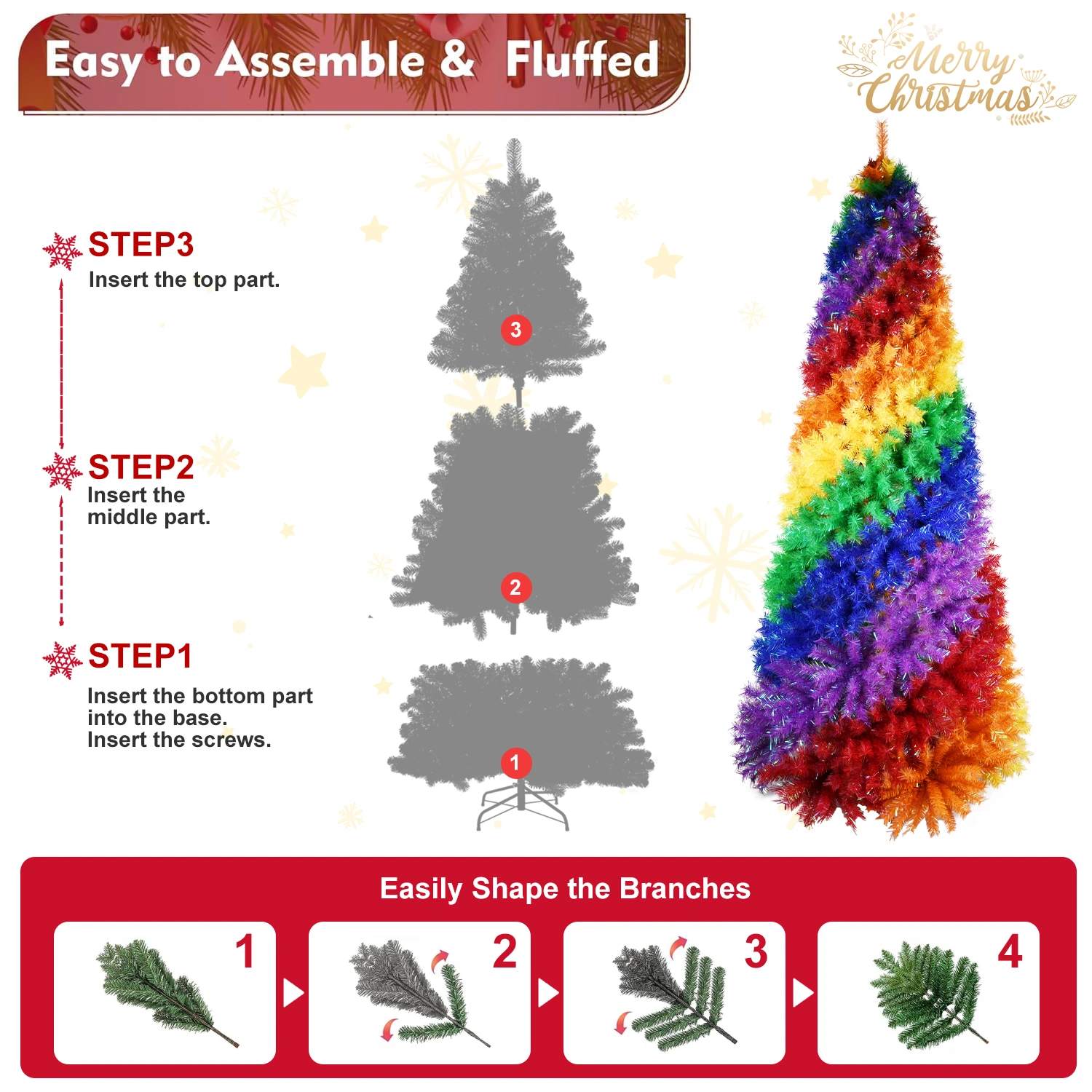 6ft Rainbow Spiral Christmas Tree - 1248 Branch Tips, Colorful PVC Artificial Holiday Tree with Sturdy Metal Stand view 4