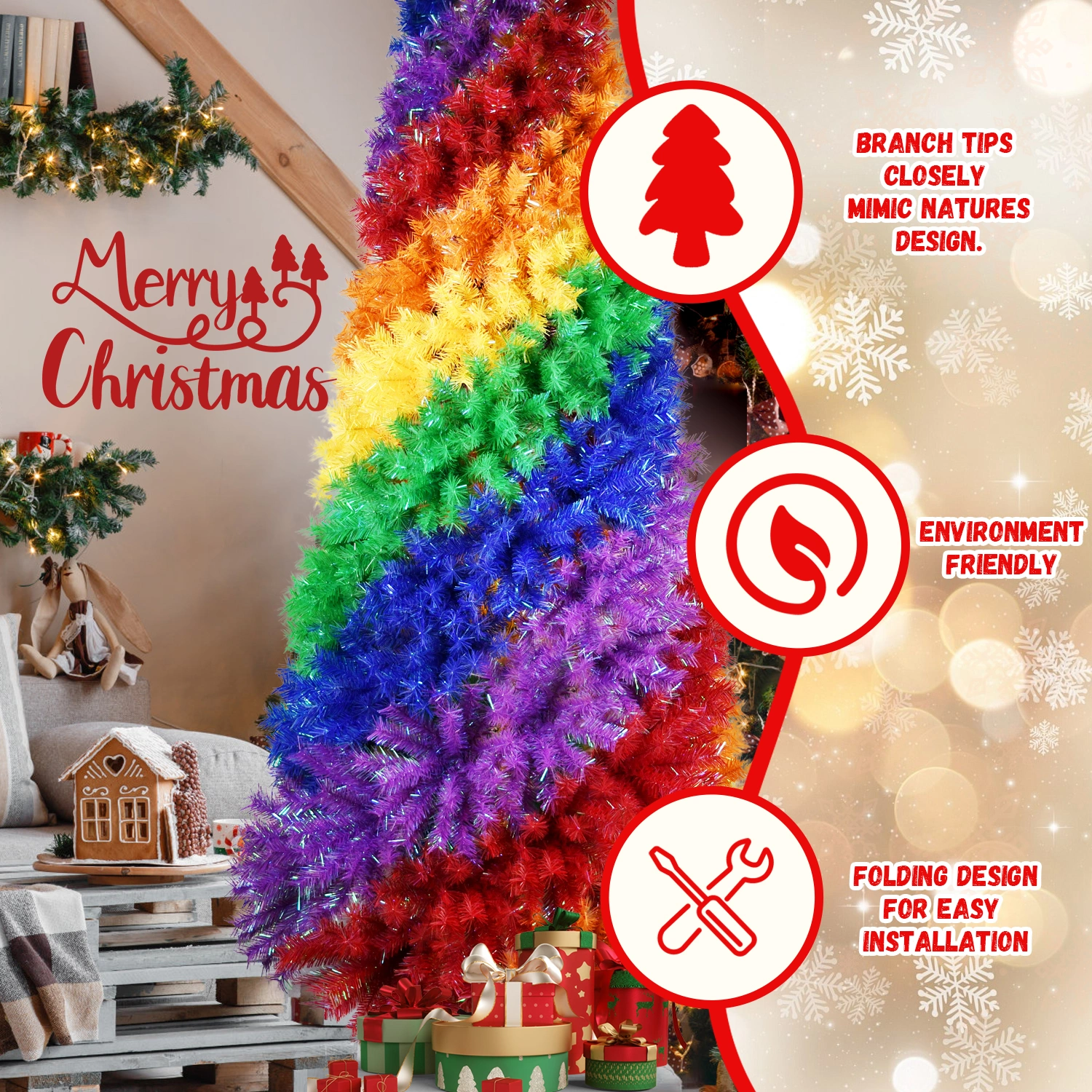 6ft Rainbow Spiral Christmas Tree - 1248 Branch Tips, Colorful PVC Artificial Holiday Tree with Sturdy Metal Stand view 7