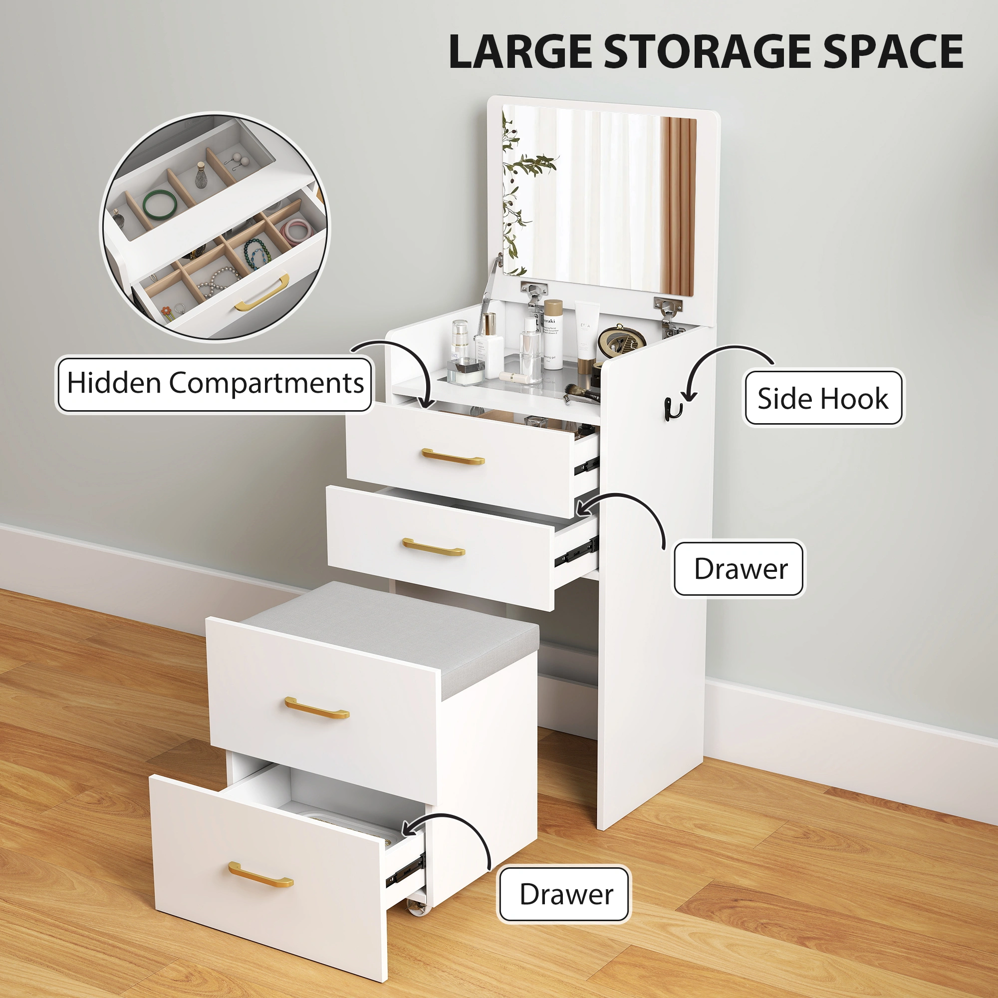 Elegant Makeup Dressing Table with Stool | Vanity Desk with Mirror, Compact Bedroom Dresser, White, 80cm view 2