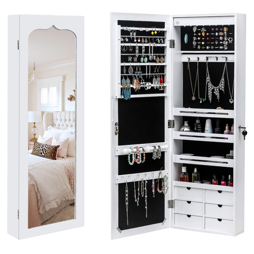 White Wooden Wall Mount Jewelry Cabinet with Mirror, 6 Drawers, 4-Layer Shelf, 8 Blue LED Lights, Non-Full Mirror