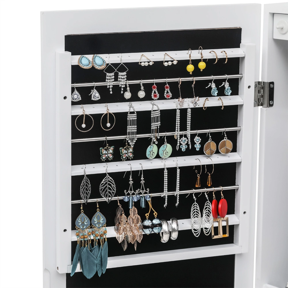 White Wooden Wall Mount Jewelry Cabinet with Mirror, 6 Drawers, 4-Layer Shelf, 8 Blue LED Lights, Non-Full Mirror view 10