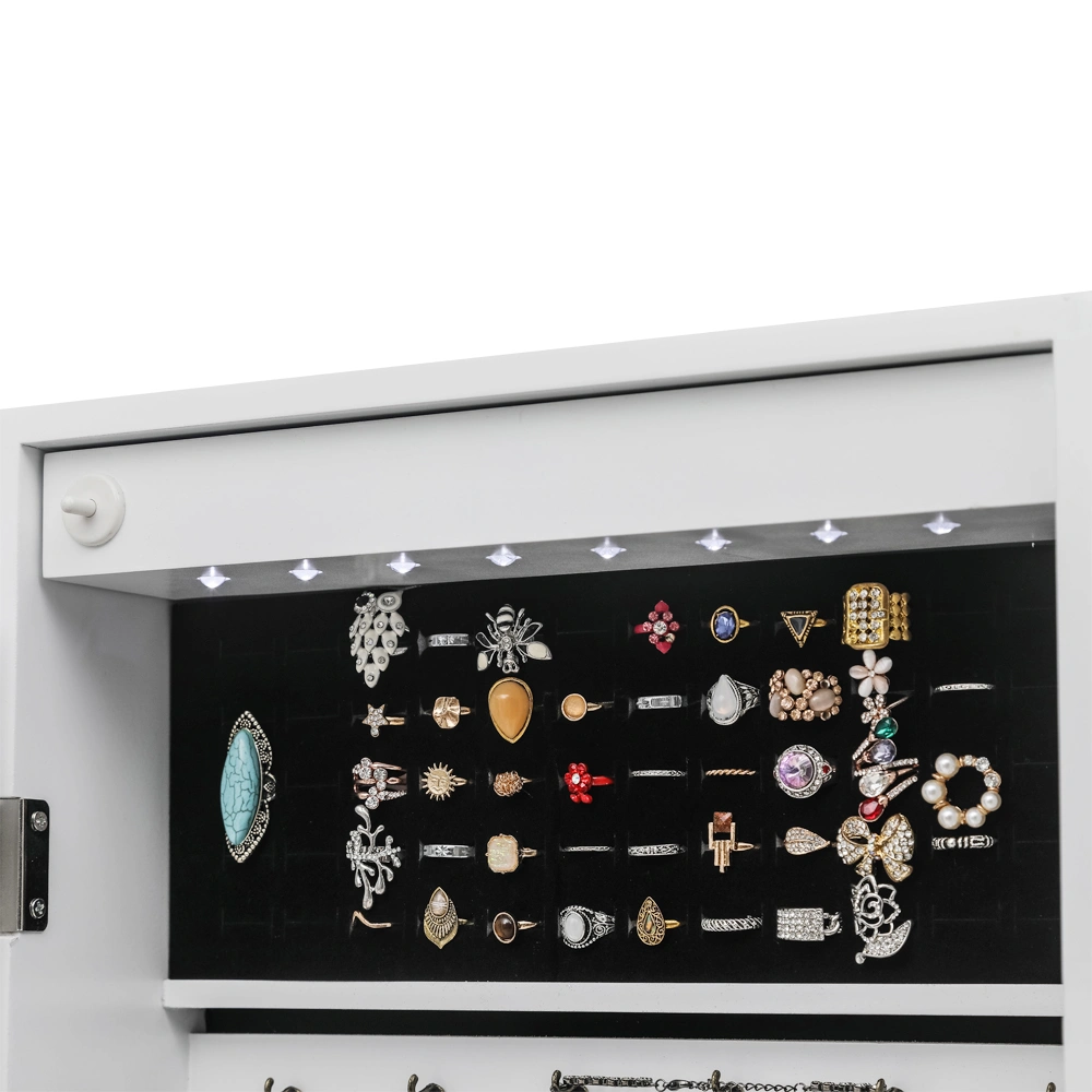 White Wooden Wall Mount Jewelry Cabinet with Mirror, 6 Drawers, 4-Layer Shelf, 8 Blue LED Lights, Non-Full Mirror view 11
