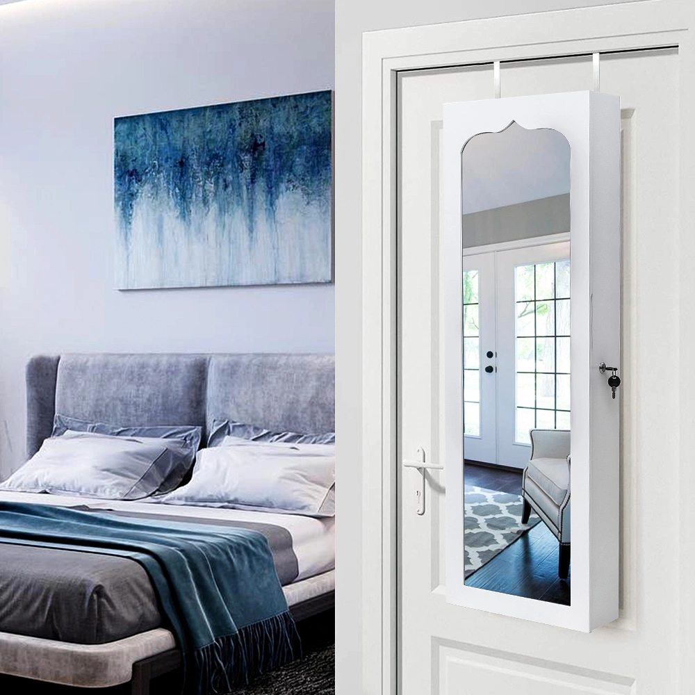White Wooden Wall Mount Jewelry Cabinet with Mirror, 6 Drawers, 4-Layer Shelf, 8 Blue LED Lights, Non-Full Mirror view 13
