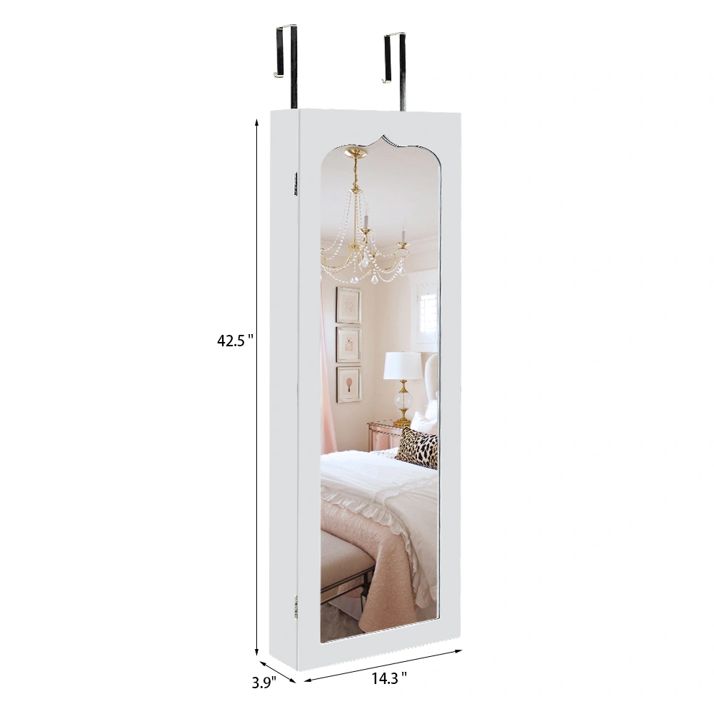 White Wooden Wall Mount Jewelry Cabinet with Mirror, 6 Drawers, 4-Layer Shelf, 8 Blue LED Lights, Non-Full Mirror view 14
