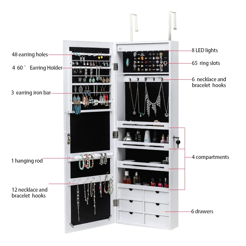 White Wooden Wall Mount Jewelry Cabinet with Mirror, 6 Drawers, 4-Layer Shelf, 8 Blue LED Lights, Non-Full Mirror view 15