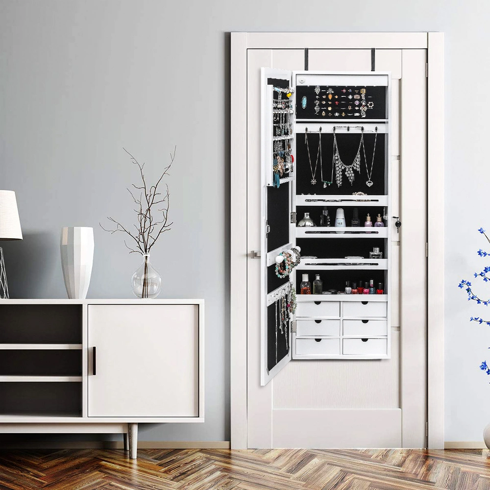 White Wooden Wall Mount Jewelry Cabinet with Mirror, 6 Drawers, 4-Layer Shelf, 8 Blue LED Lights, Non-Full Mirror view 16