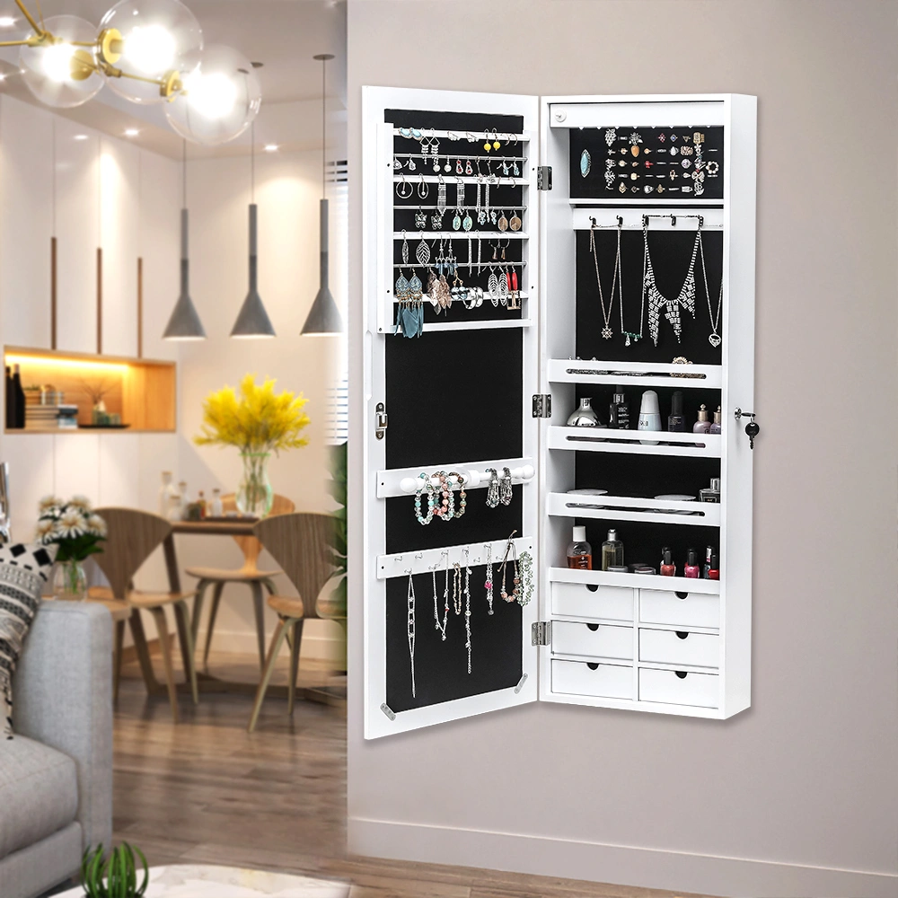 White Wooden Wall Mount Jewelry Cabinet with Mirror, 6 Drawers, 4-Layer Shelf, 8 Blue LED Lights, Non-Full Mirror view 17