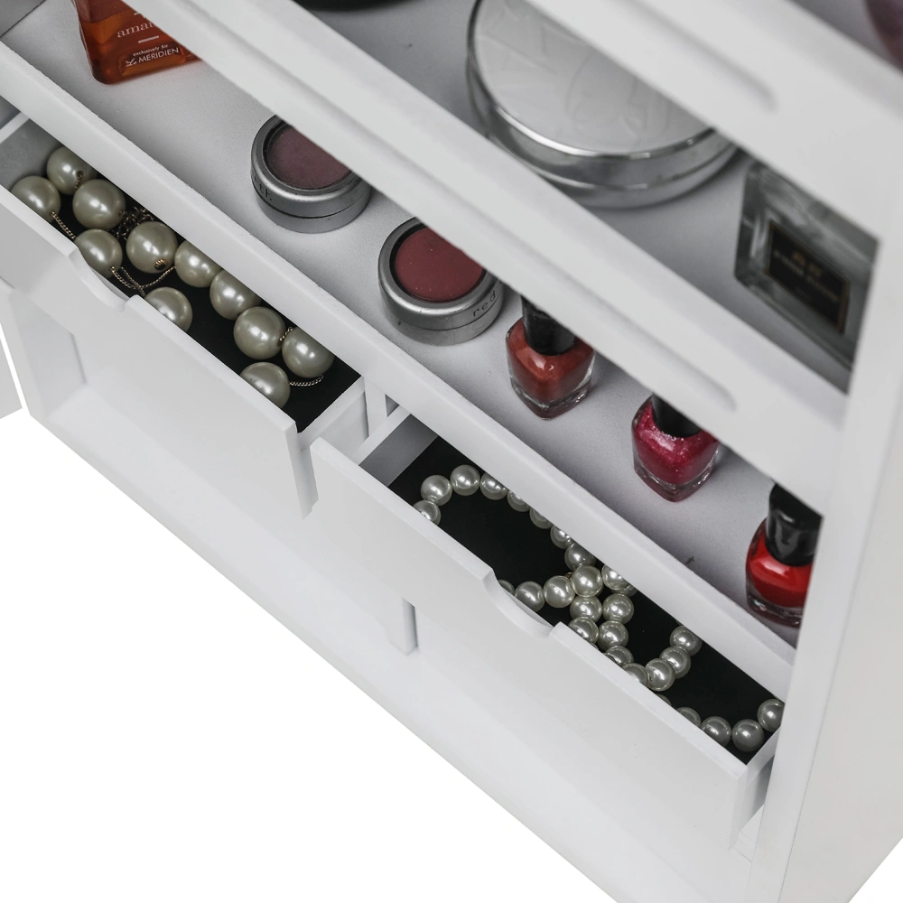White Wooden Wall Mount Jewelry Cabinet with Mirror, 6 Drawers, 4-Layer Shelf, 8 Blue LED Lights, Non-Full Mirror view 5