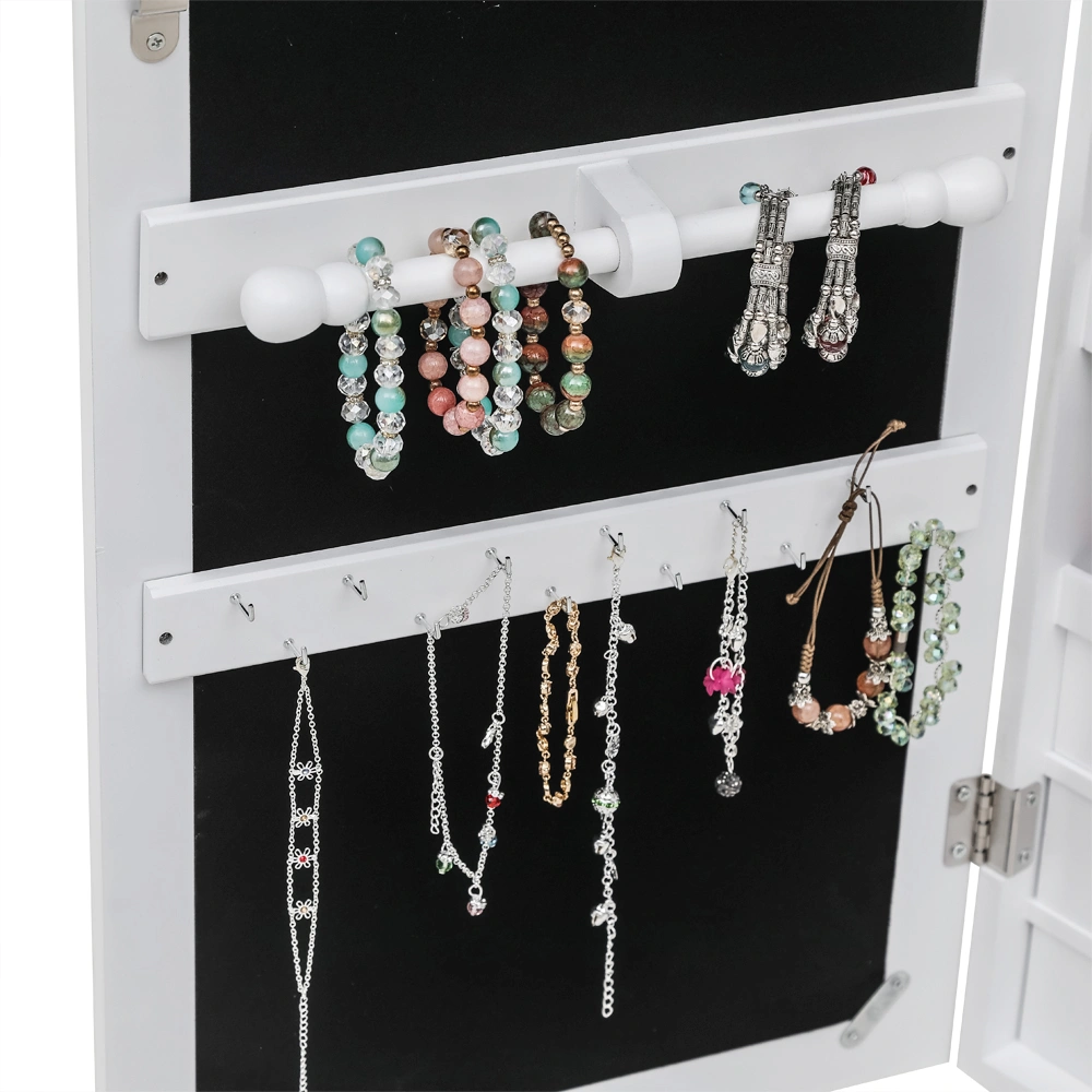 White Wooden Wall Mount Jewelry Cabinet with Mirror, 6 Drawers, 4-Layer Shelf, 8 Blue LED Lights, Non-Full Mirror view 7