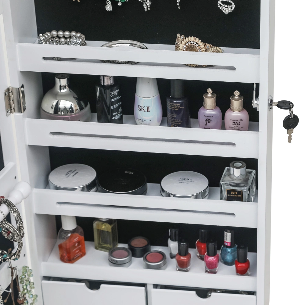 White Wooden Wall Mount Jewelry Cabinet with Mirror, 6 Drawers, 4-Layer Shelf, 8 Blue LED Lights, Non-Full Mirror view 8