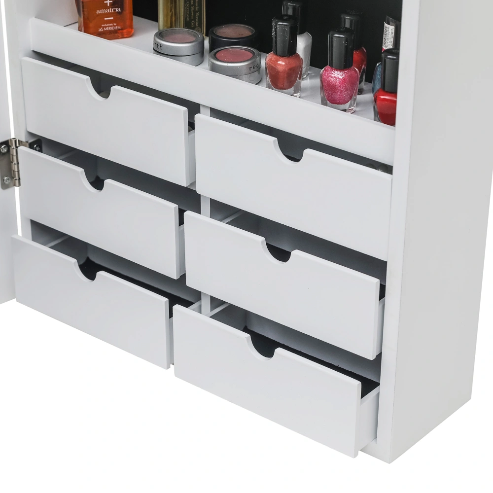 White Wooden Wall Mount Jewelry Cabinet with Mirror, 6 Drawers, 4-Layer Shelf, 8 Blue LED Lights, Non-Full Mirror view 9