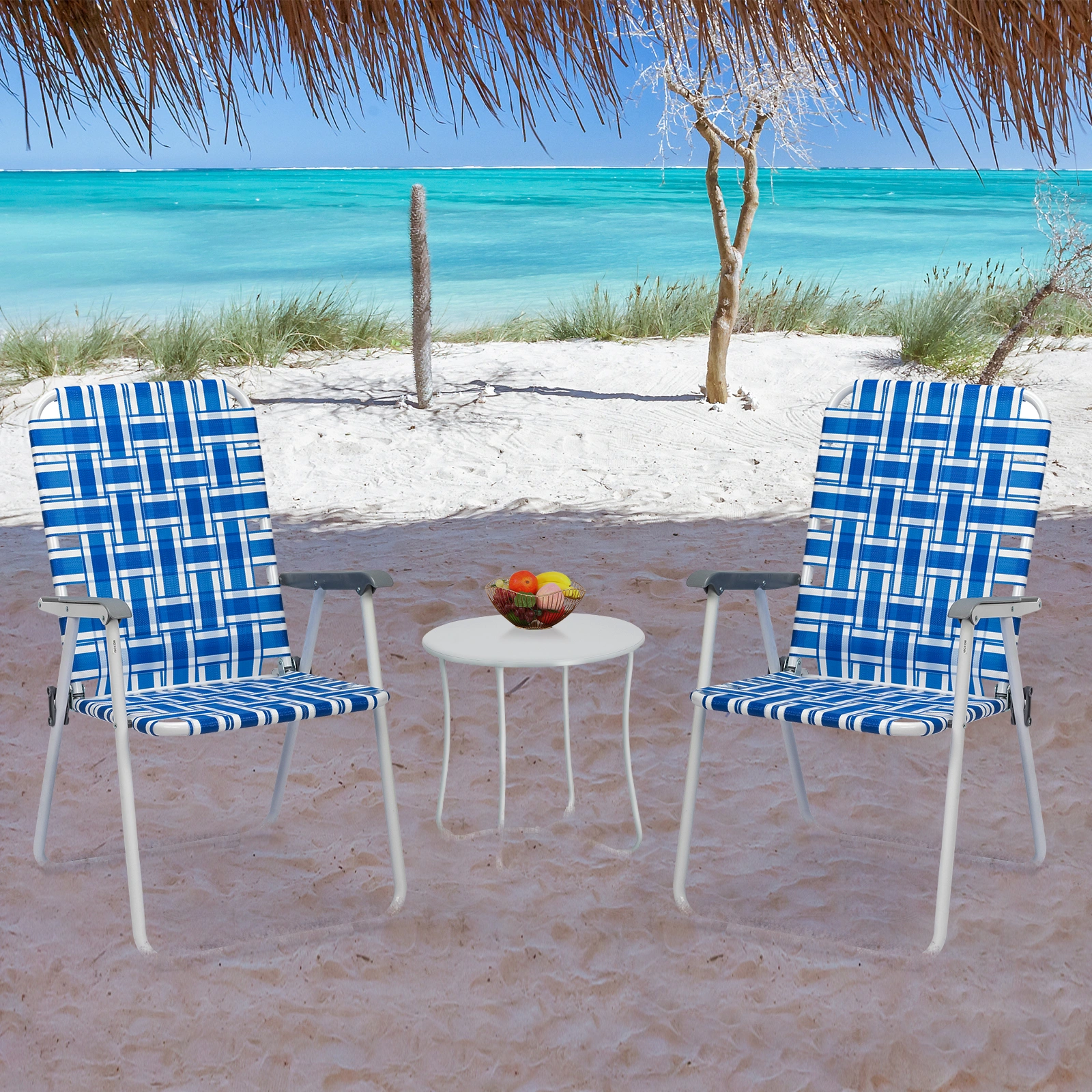 2pcs Folding Beach Chair, Heavy Duty Steel Frame PP Webbing, 120kg Load Capacity, Blue White Stripe Portable Beach Chair view 19