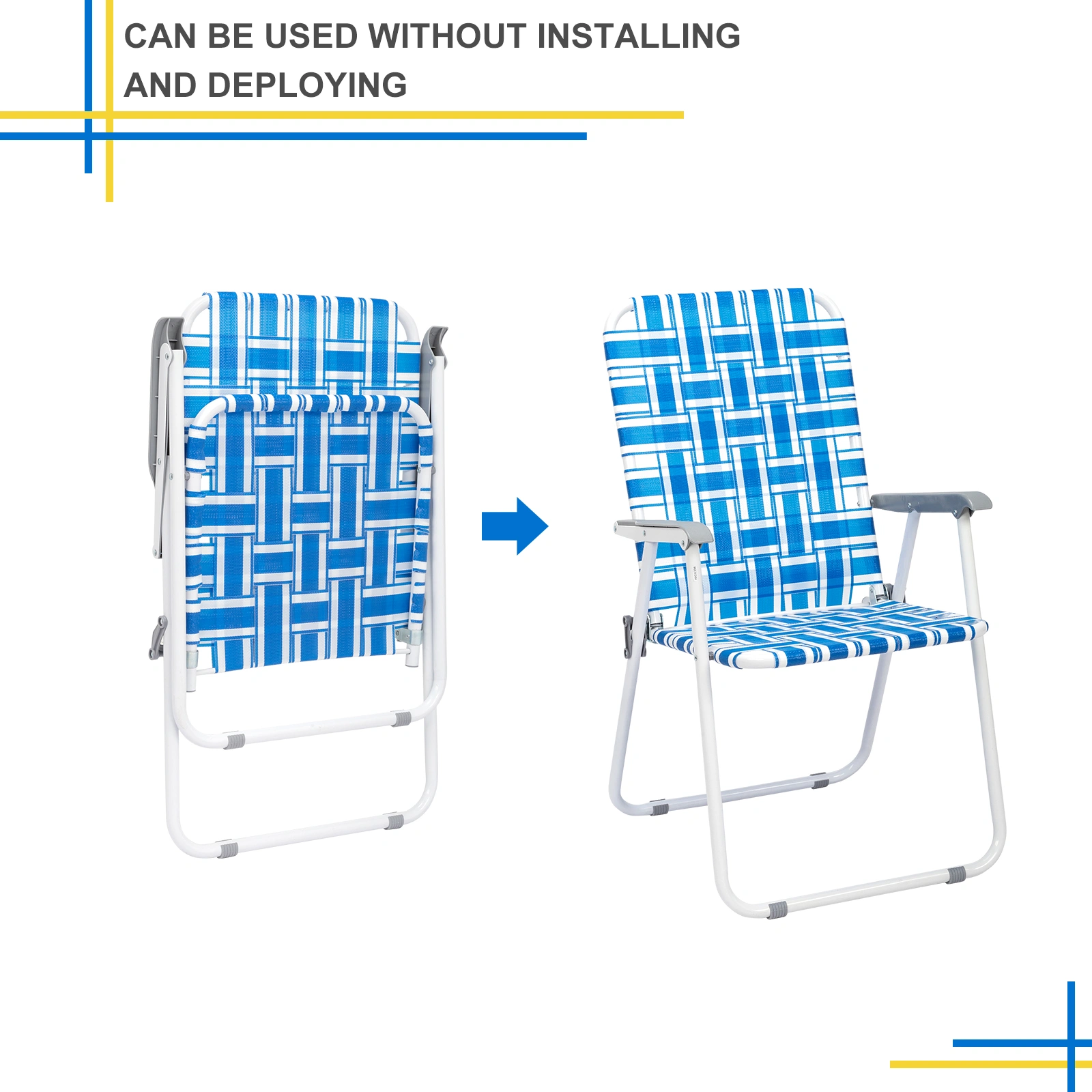 2pcs Folding Beach Chair, Heavy Duty Steel Frame PP Webbing, 120kg Load Capacity, Blue White Stripe Portable Beach Chair view 2