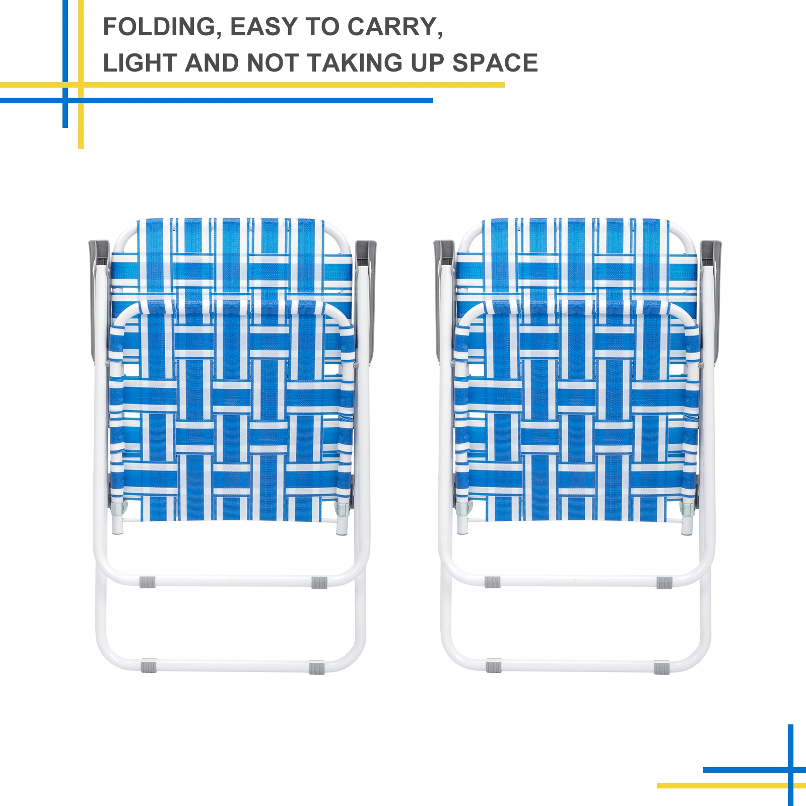 2pcs Folding Beach Chair, Heavy Duty Steel Frame PP Webbing, 120kg Load Capacity, Blue White Stripe Portable Beach Chair view 3