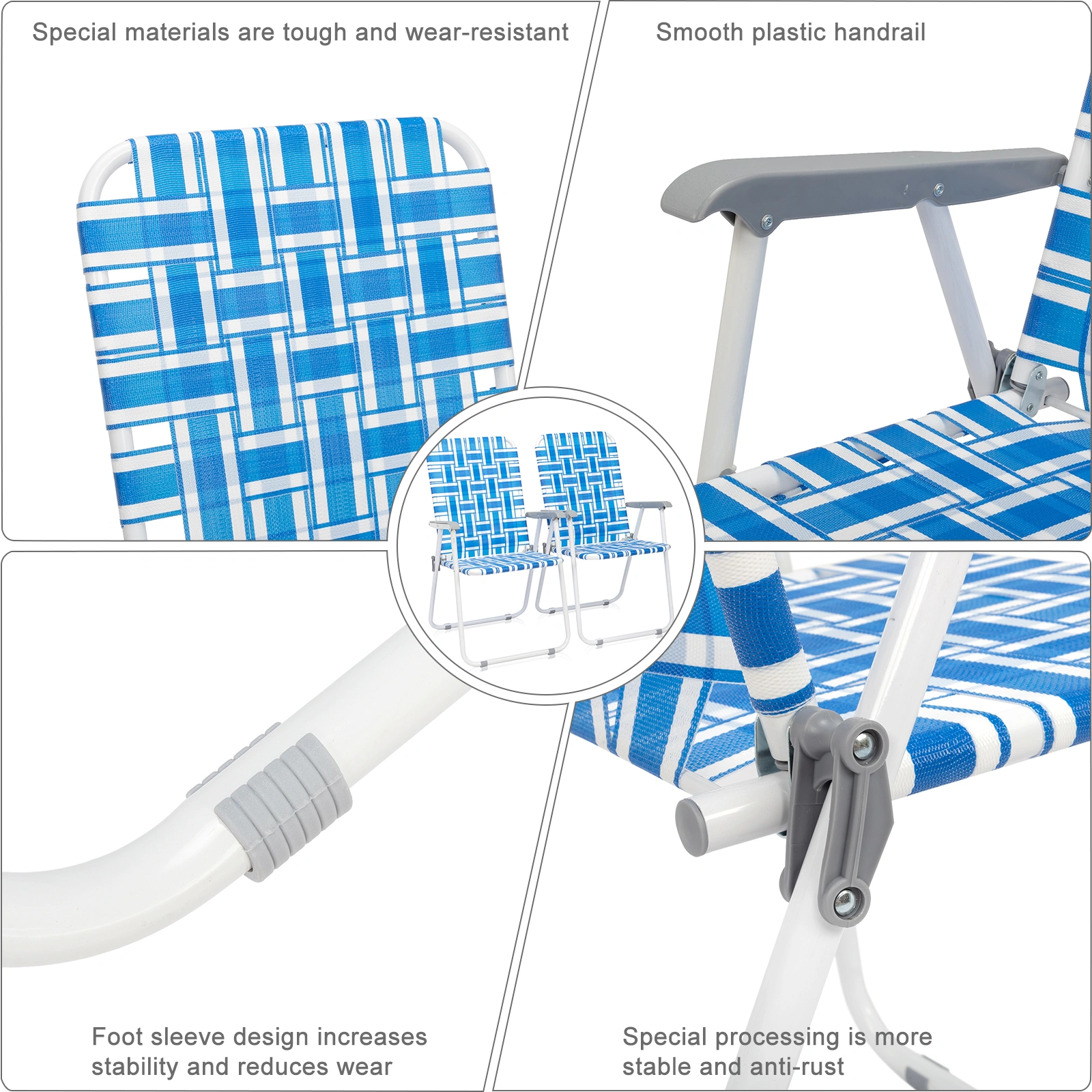 2pcs Folding Beach Chair, Heavy Duty Steel Frame PP Webbing, 120kg Load Capacity, Blue White Stripe Portable Beach Chair view 4