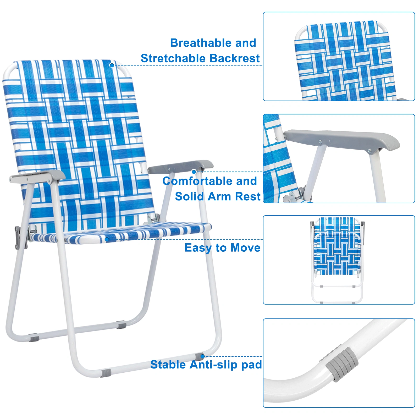 2pcs Folding Beach Chair, Heavy Duty Steel Frame PP Webbing, 120kg Load Capacity, Blue White Stripe Portable Beach Chair view 5