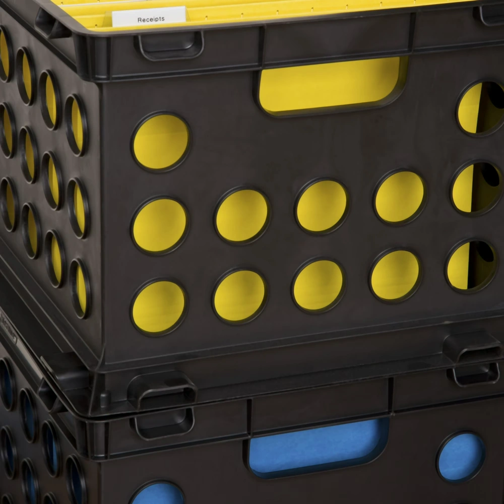 File Crate, Versatile Plastic Storage Bin with Through Handles, Fits Letter & Legal-sized Hanging Files, Stackable, Black, 6 Pack view 6