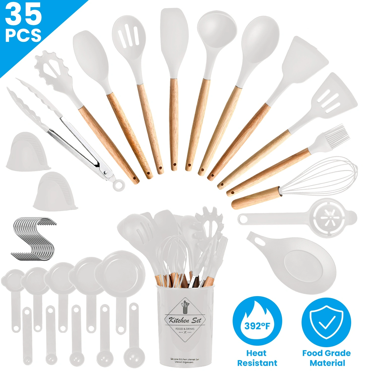 35 Piece Kitchen Utensils Set with Holder, Silicone Cooking Utensils Spatula Turner Spoons Egg Whisk Separator for Baking Cooking