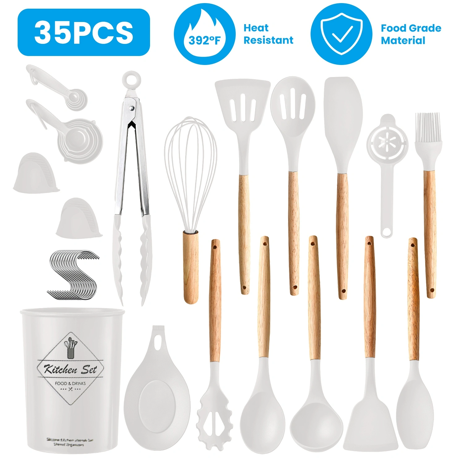 35 Piece Kitchen Utensils Set with Holder, Silicone Cooking Utensils Spatula Turner Spoons Egg Whisk Separator for Baking Cooking view 9