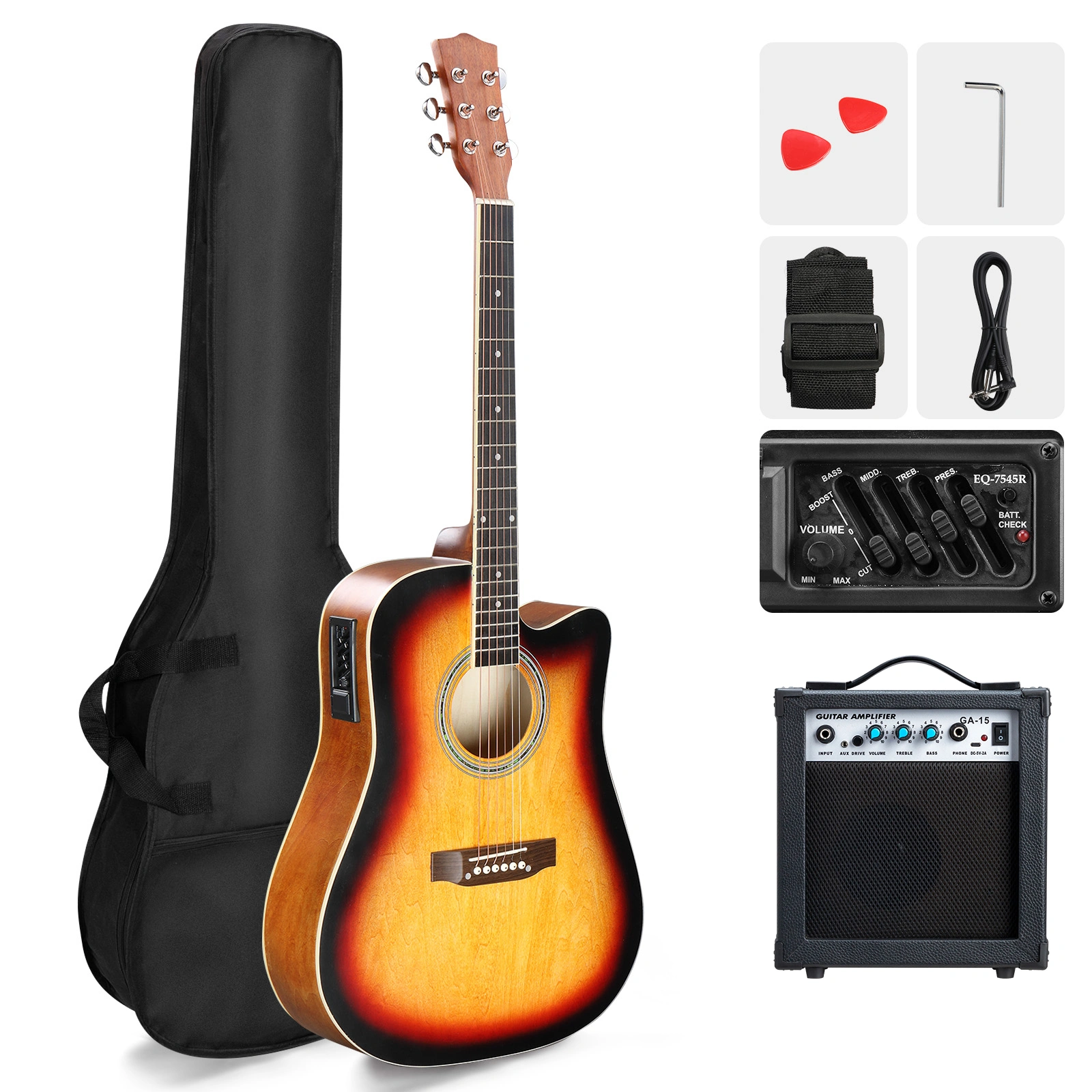 KMA101 41" Folk Guitar, Basswood Body Matte Edging, Sunset Finish, includes 10W Amp, Bag, Tuner & Accessories