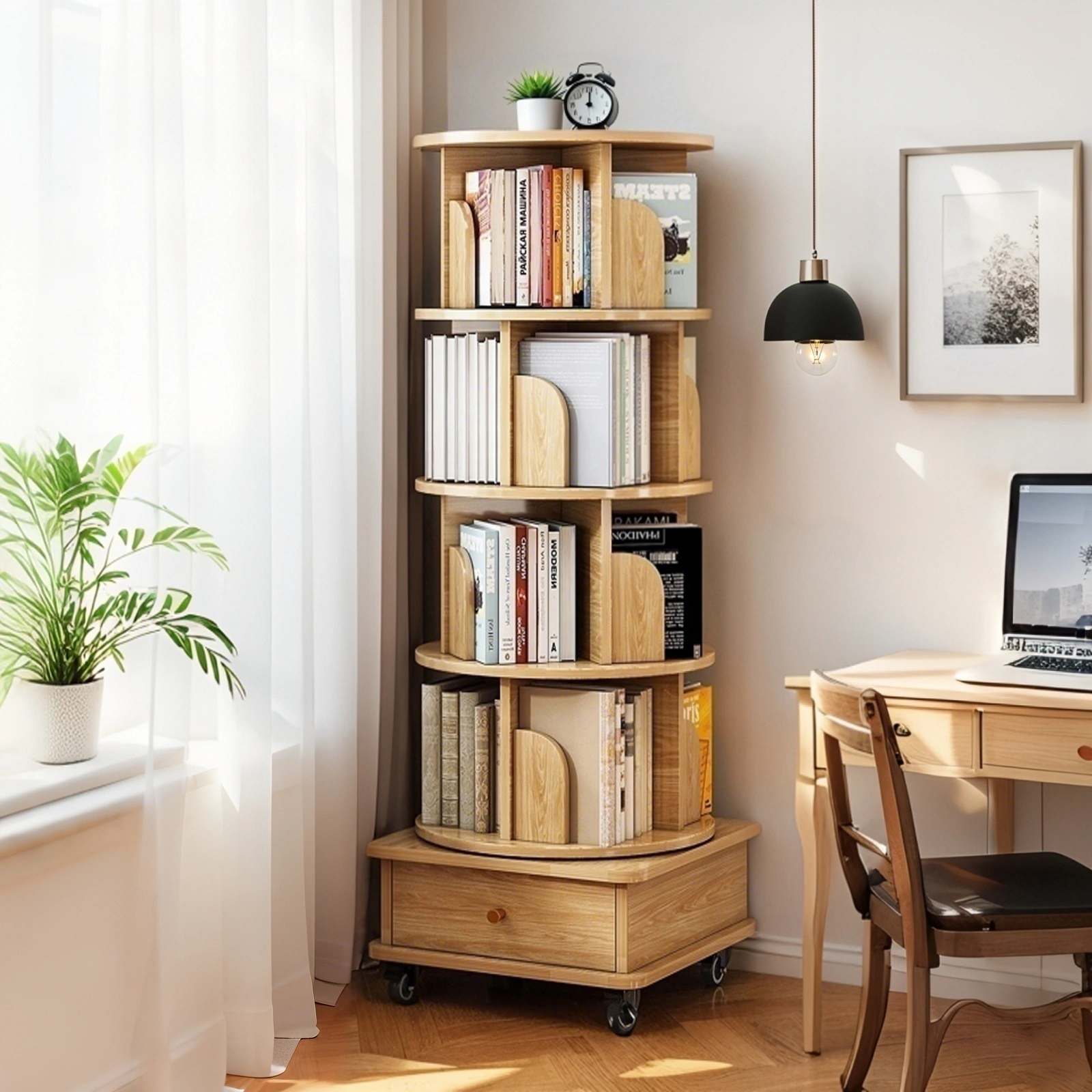 5 Tier Rotating Bookshelf, 360° Round Spinning Bookshelf Tower with Wheels, Space-Saving Display Shelf for Bedroom, Living Room, Home, Office, Wood