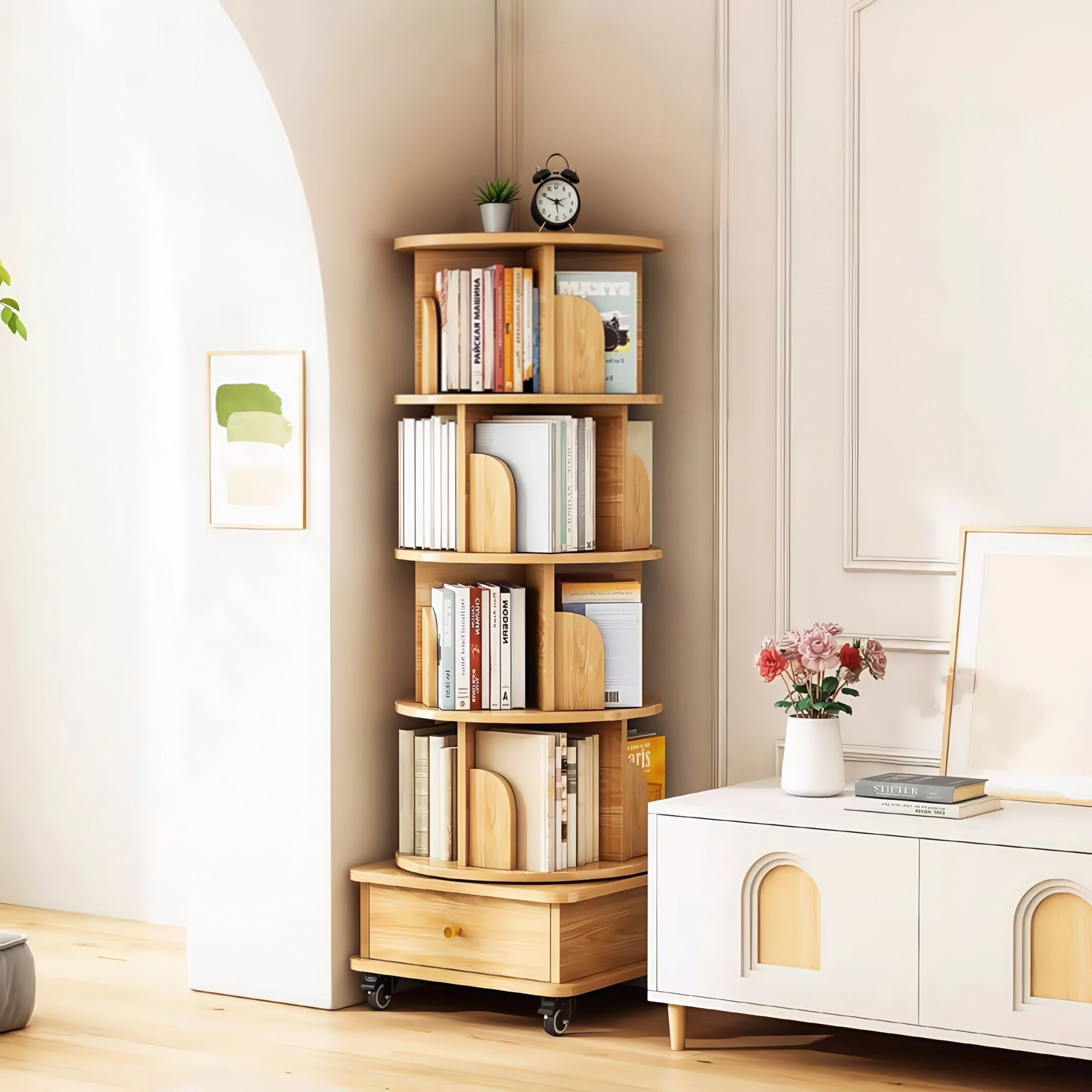 5 Tier Rotating Bookshelf, 360° Round Spinning Bookshelf Tower with Wheels, Space-Saving Display Shelf for Bedroom, Living Room, Home, Office, Wood view 10