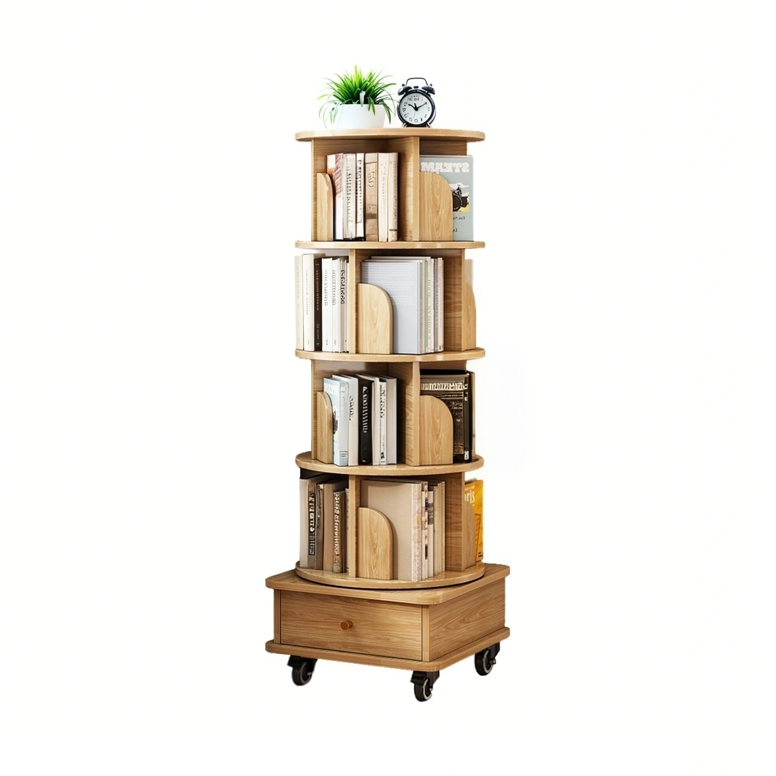5 Tier Rotating Bookshelf, 360° Round Spinning Bookshelf Tower with Wheels, Space-Saving Display Shelf for Bedroom, Living Room, Home, Office, Wood view 11
