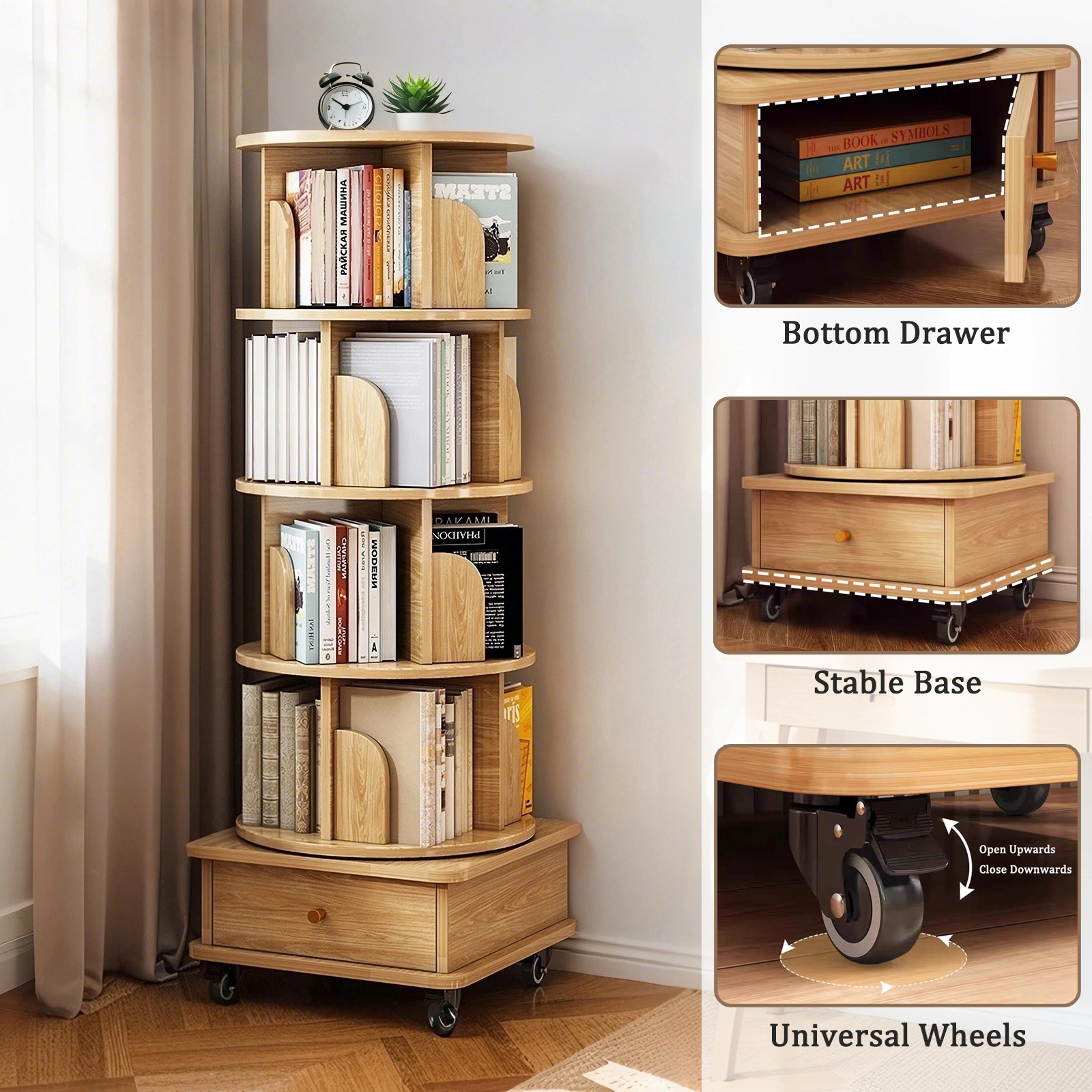5 Tier Rotating Bookshelf, 360° Round Spinning Bookshelf Tower with Wheels, Space-Saving Display Shelf for Bedroom, Living Room, Home, Office, Wood view 2