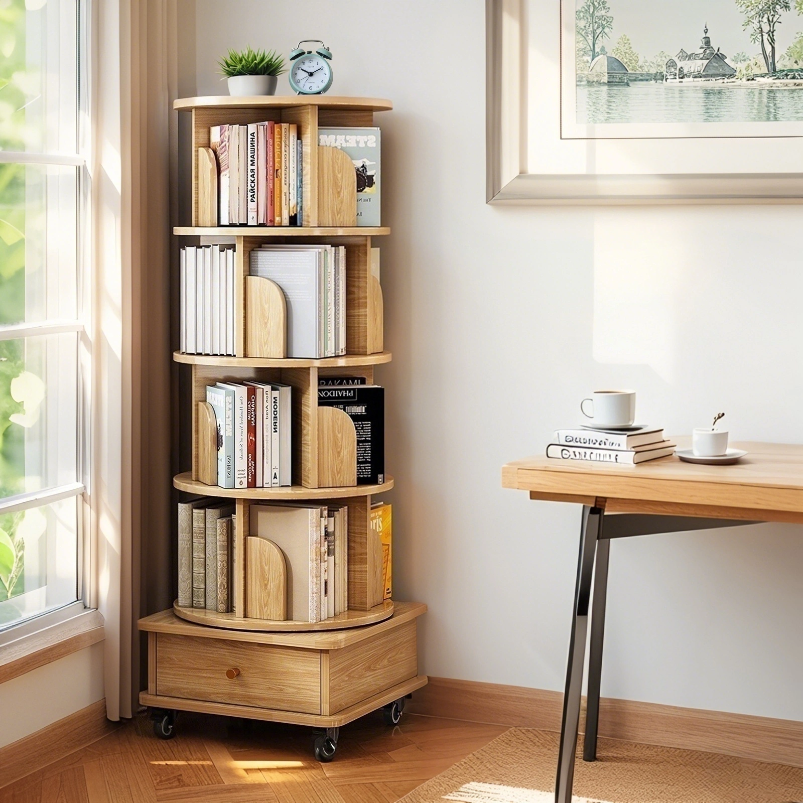 5 Tier Rotating Bookshelf, 360° Round Spinning Bookshelf Tower with Wheels, Space-Saving Display Shelf for Bedroom, Living Room, Home, Office, Wood view 5