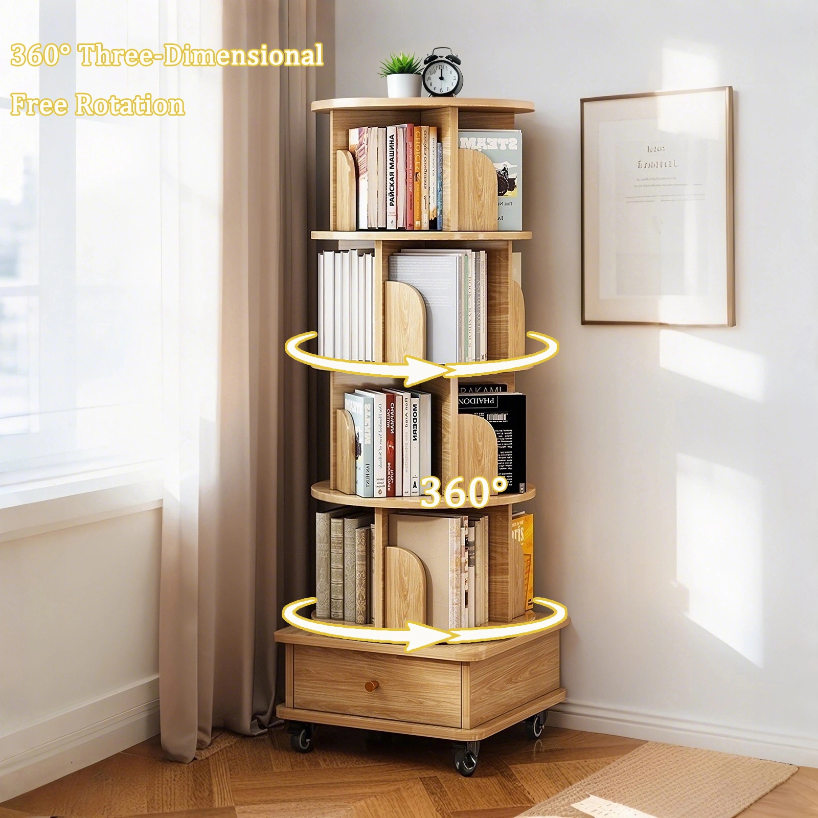 5 Tier Rotating Bookshelf, 360° Round Spinning Bookshelf Tower with Wheels, Space-Saving Display Shelf for Bedroom, Living Room, Home, Office, Wood view 6