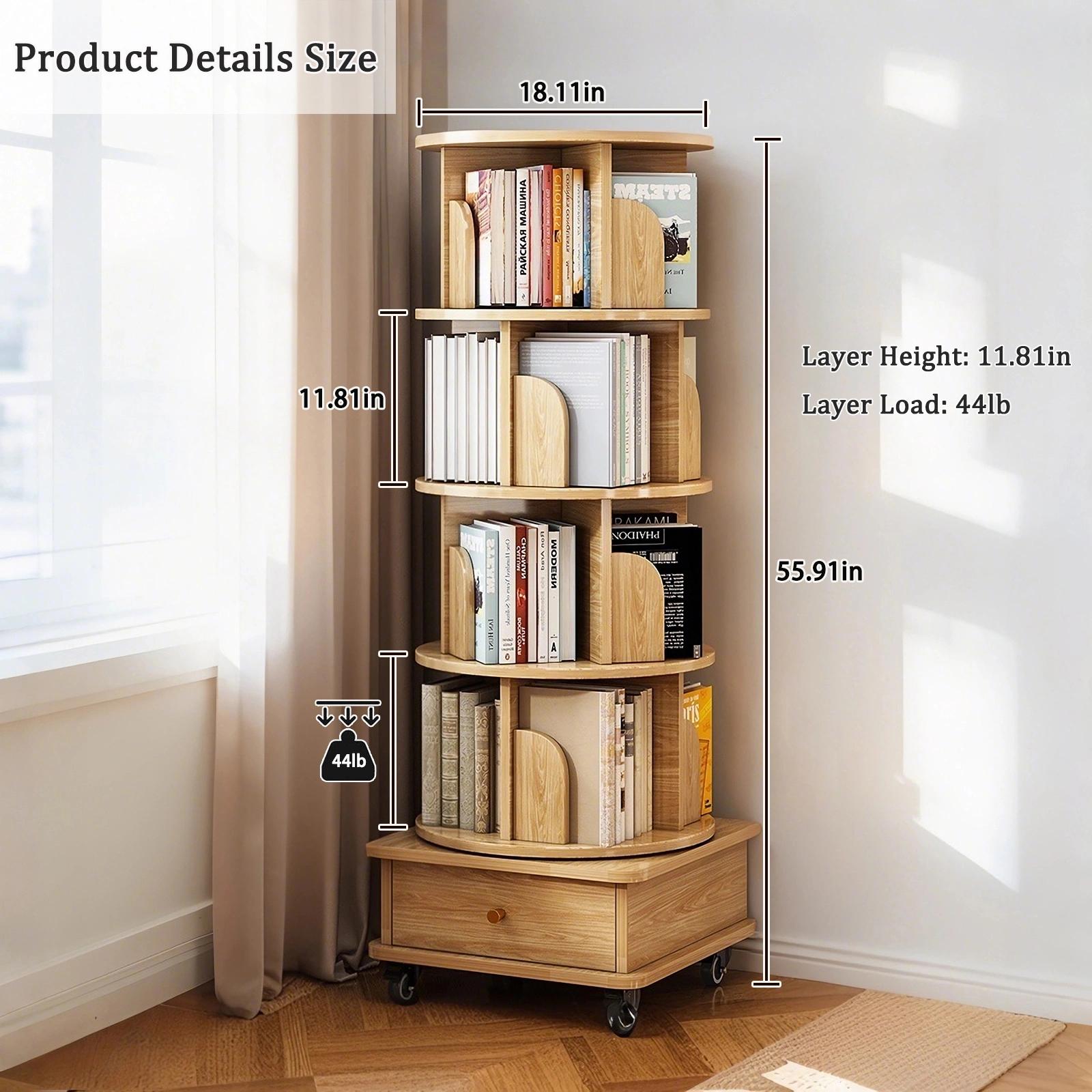 5 Tier Rotating Bookshelf, 360° Round Spinning Bookshelf Tower with Wheels, Space-Saving Display Shelf for Bedroom, Living Room, Home, Office, Wood view 8