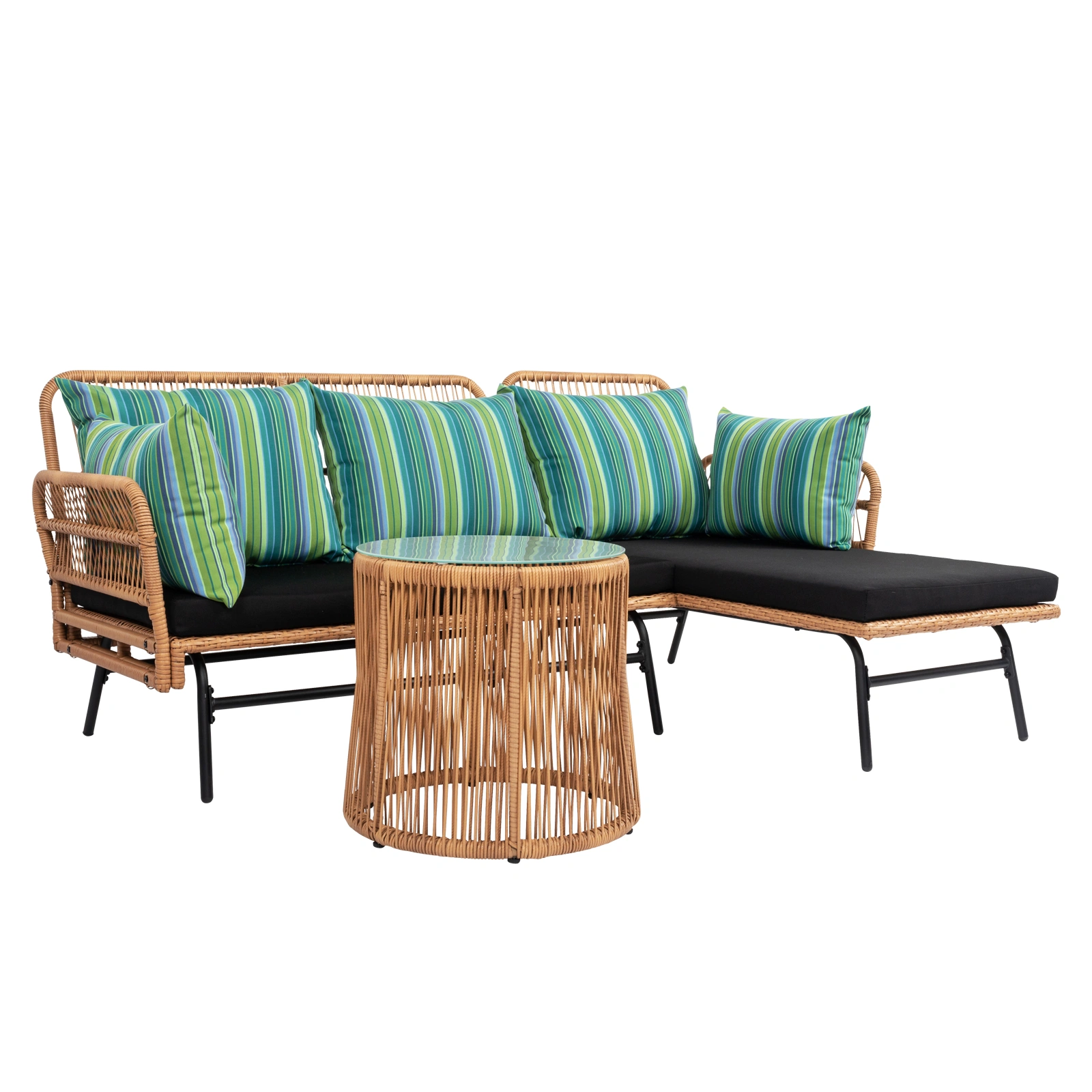 Outdoor 3-Piece Rope Woven Sectional Patio Sofa Set, L-Shaped Conversation Set w/ Thick Cushions, Detachable Lounger & Side Table for Backyard Porch view 3
