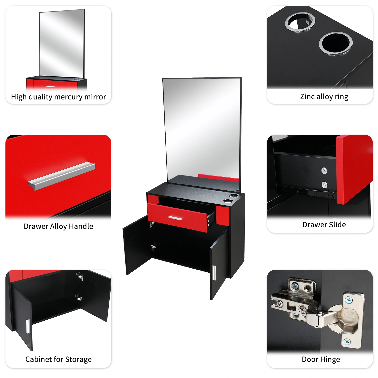 Black & Red Salon Cabinet with Linen Top, 1 Drawer 1 Door E0 Chipboard with Mirror view 10