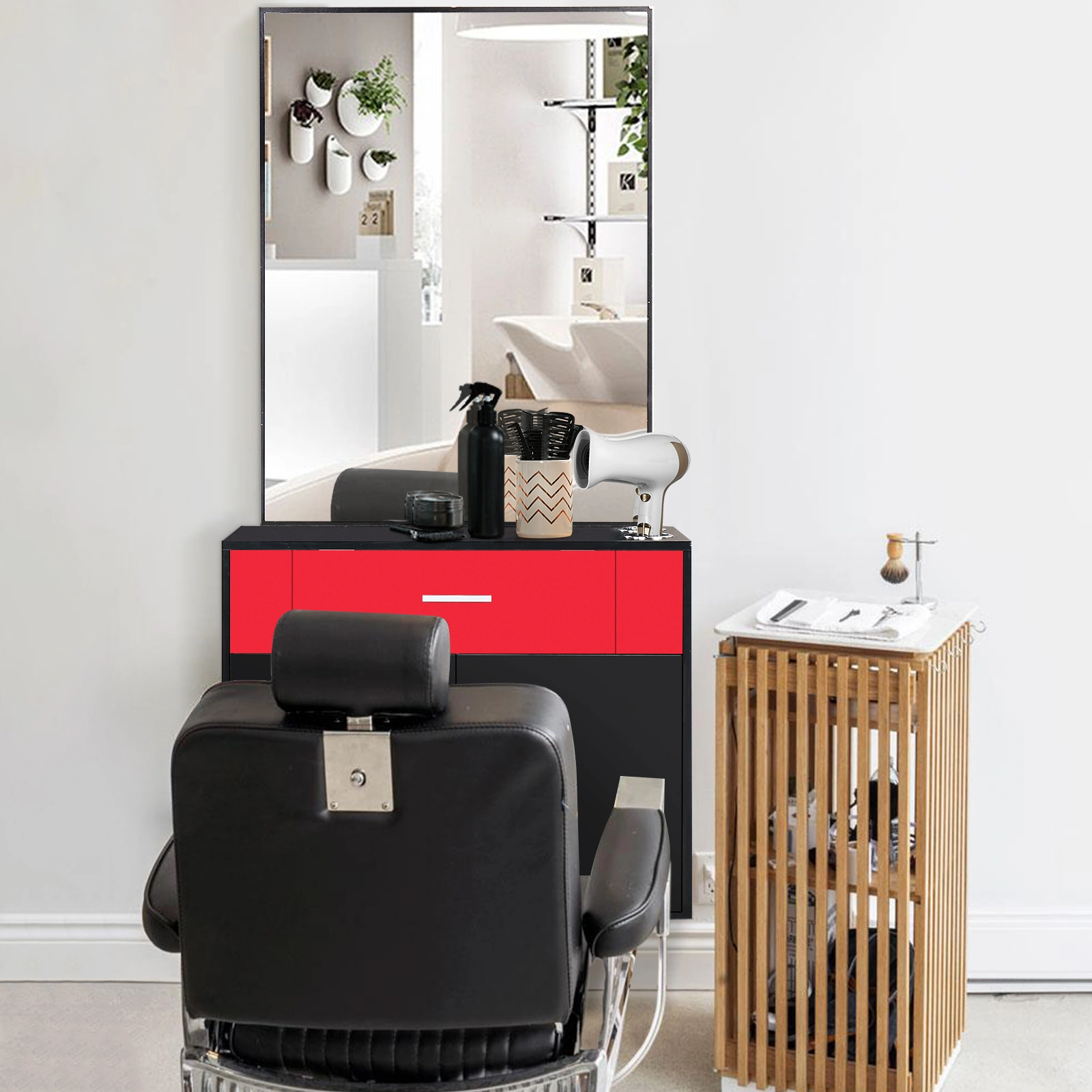 Black & Red Salon Cabinet with Linen Top, 1 Drawer 1 Door E0 Chipboard with Mirror view 2