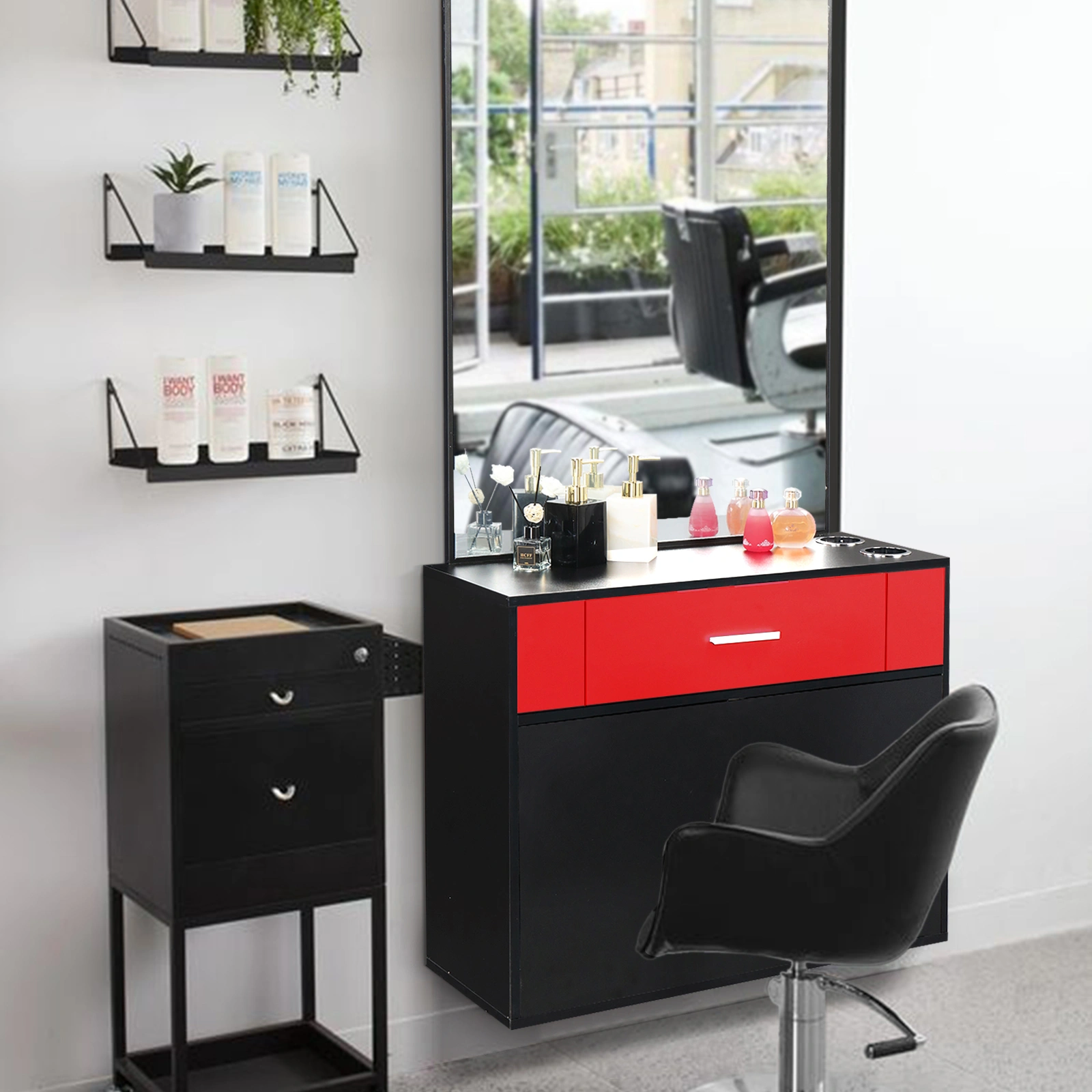 Black & Red Salon Cabinet with Linen Top, 1 Drawer 1 Door E0 Chipboard with Mirror view 3