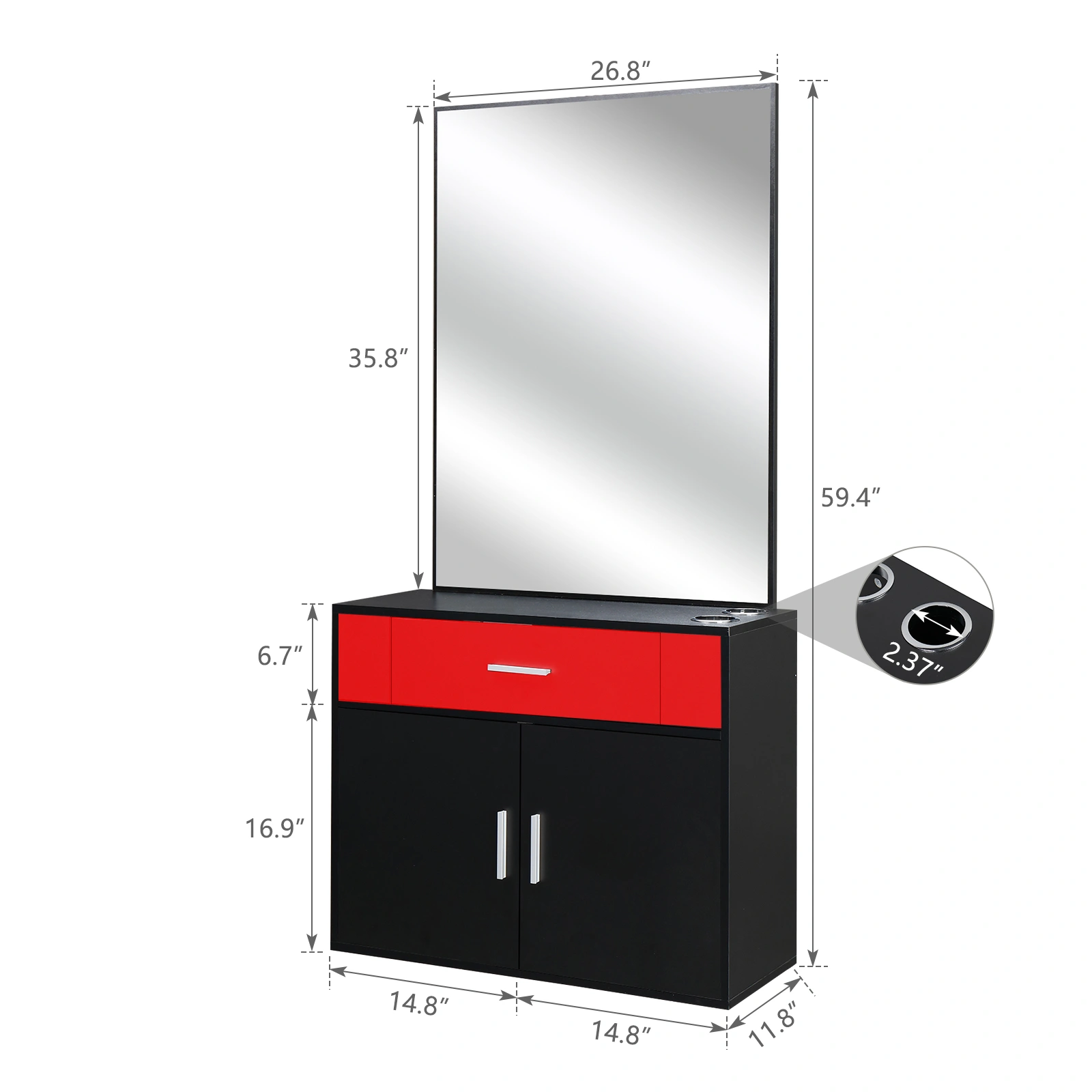 Black & Red Salon Cabinet with Linen Top, 1 Drawer 1 Door E0 Chipboard with Mirror view 4