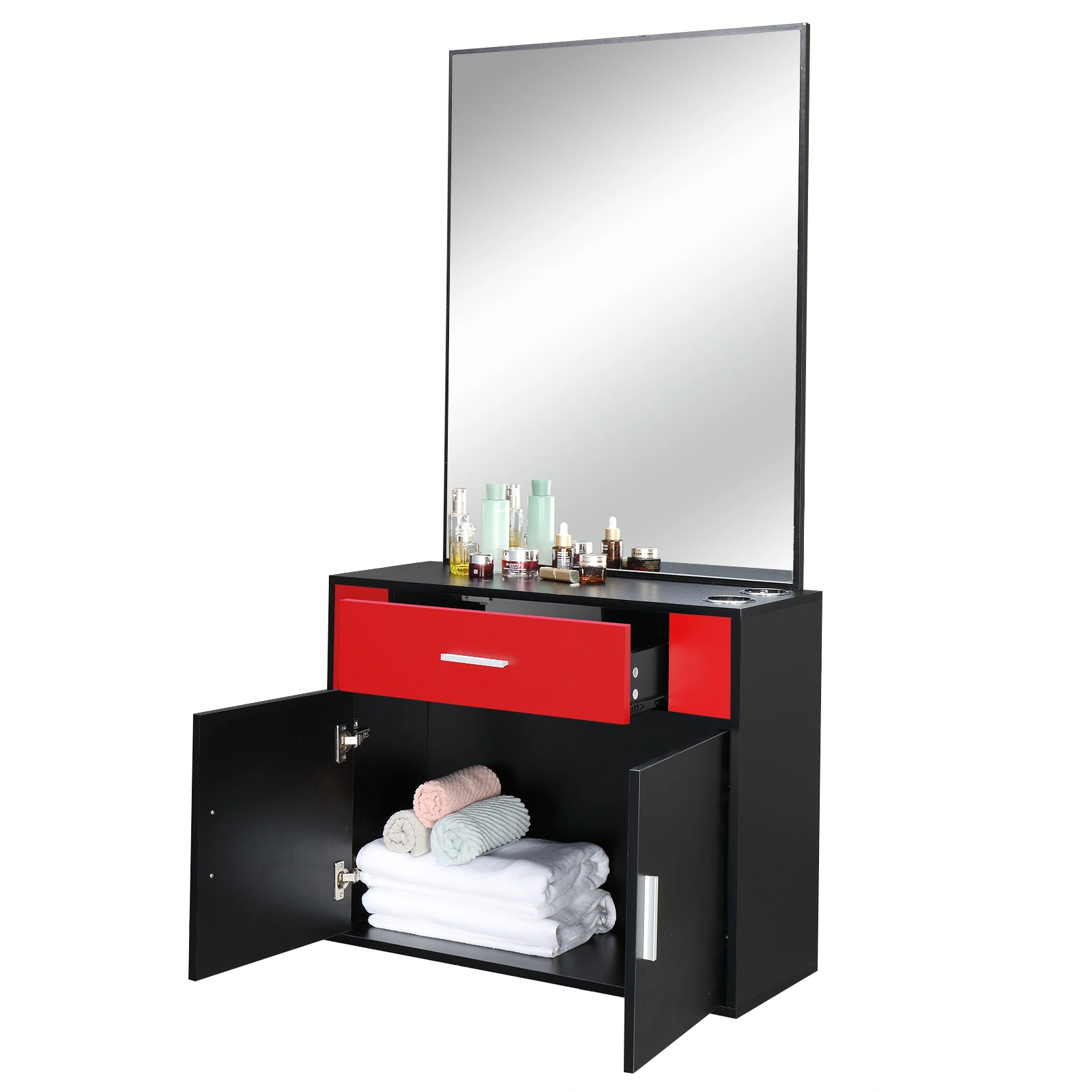 Black & Red Salon Cabinet with Linen Top, 1 Drawer 1 Door E0 Chipboard with Mirror view 5