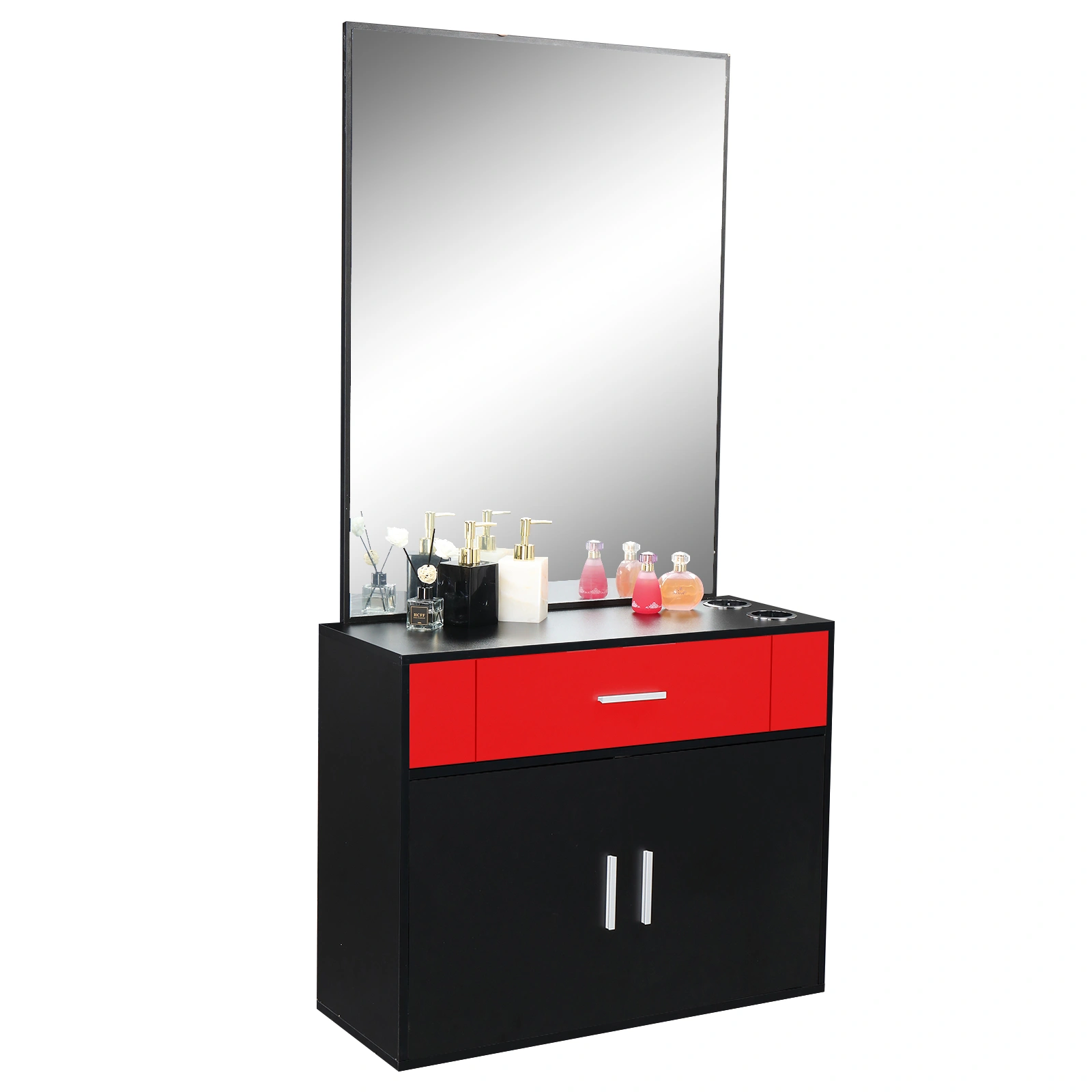 Black & Red Salon Cabinet with Linen Top, 1 Drawer 1 Door E0 Chipboard with Mirror view 6